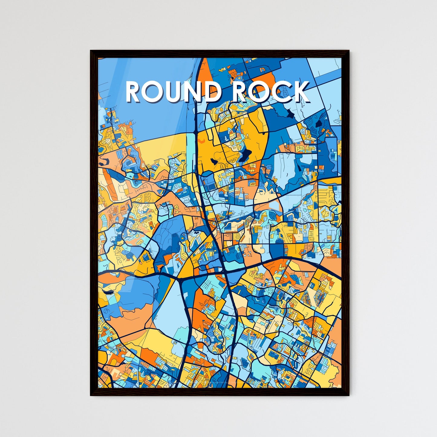 ROUND ROCK TEXAS Vibrant Colorful Art Map Poster Blue Orange