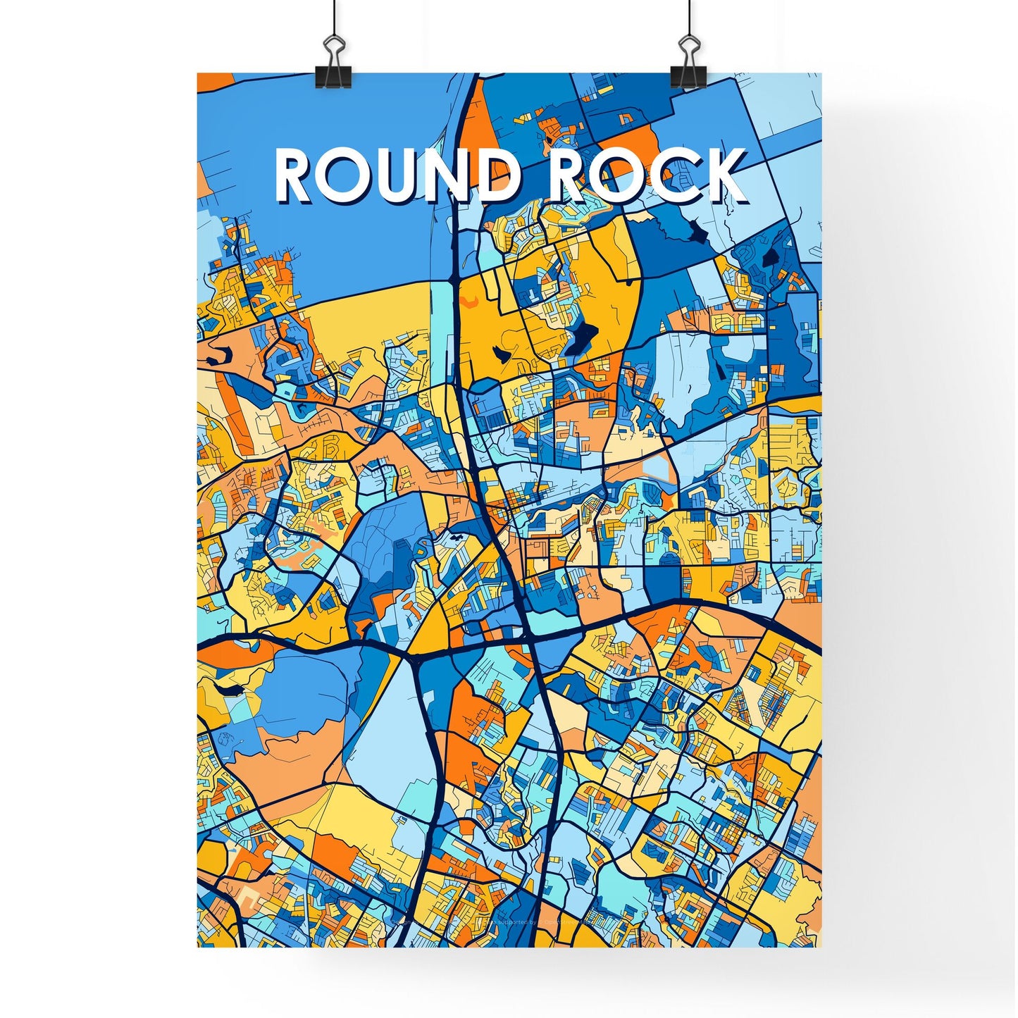 ROUND ROCK TEXAS Vibrant Colorful Art Map Poster Blue Orange