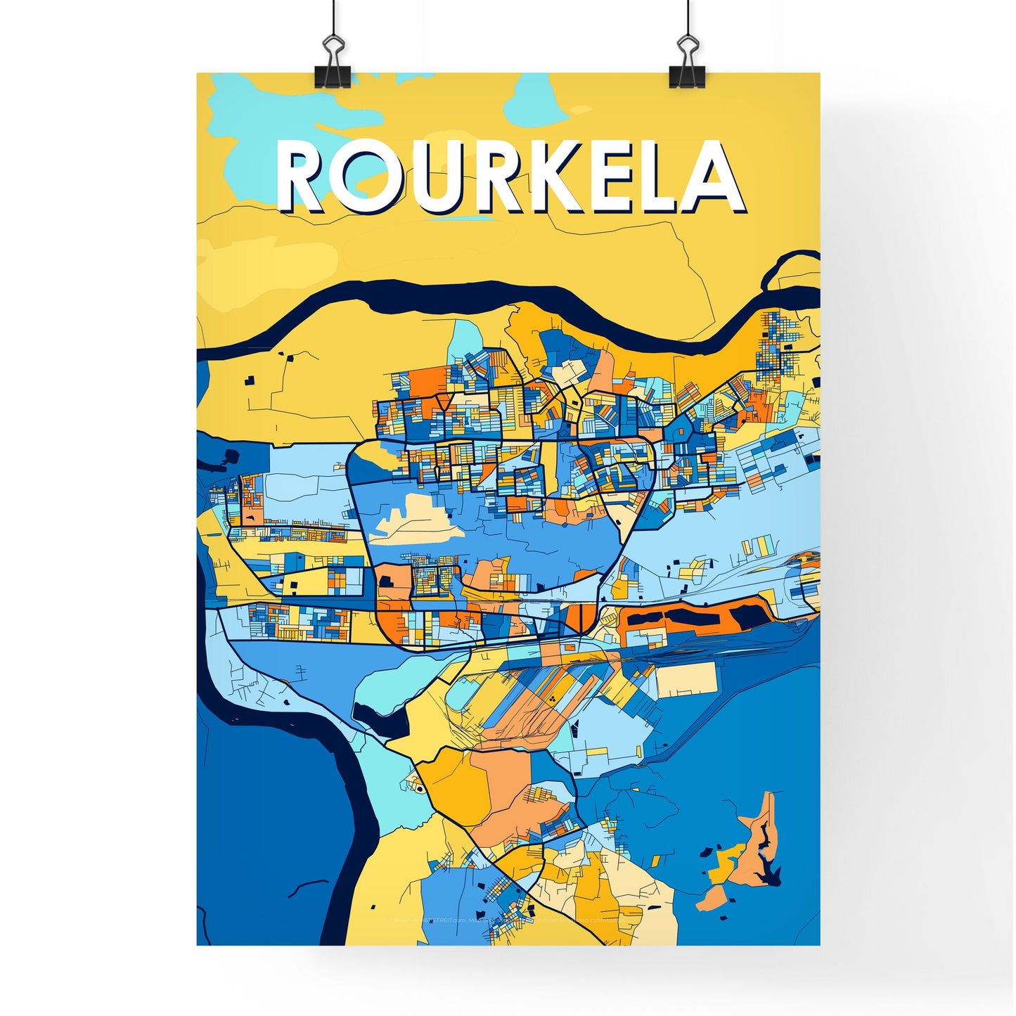 ROURKELA INDIA Vibrant Colorful Art Map Poster Blue Orange