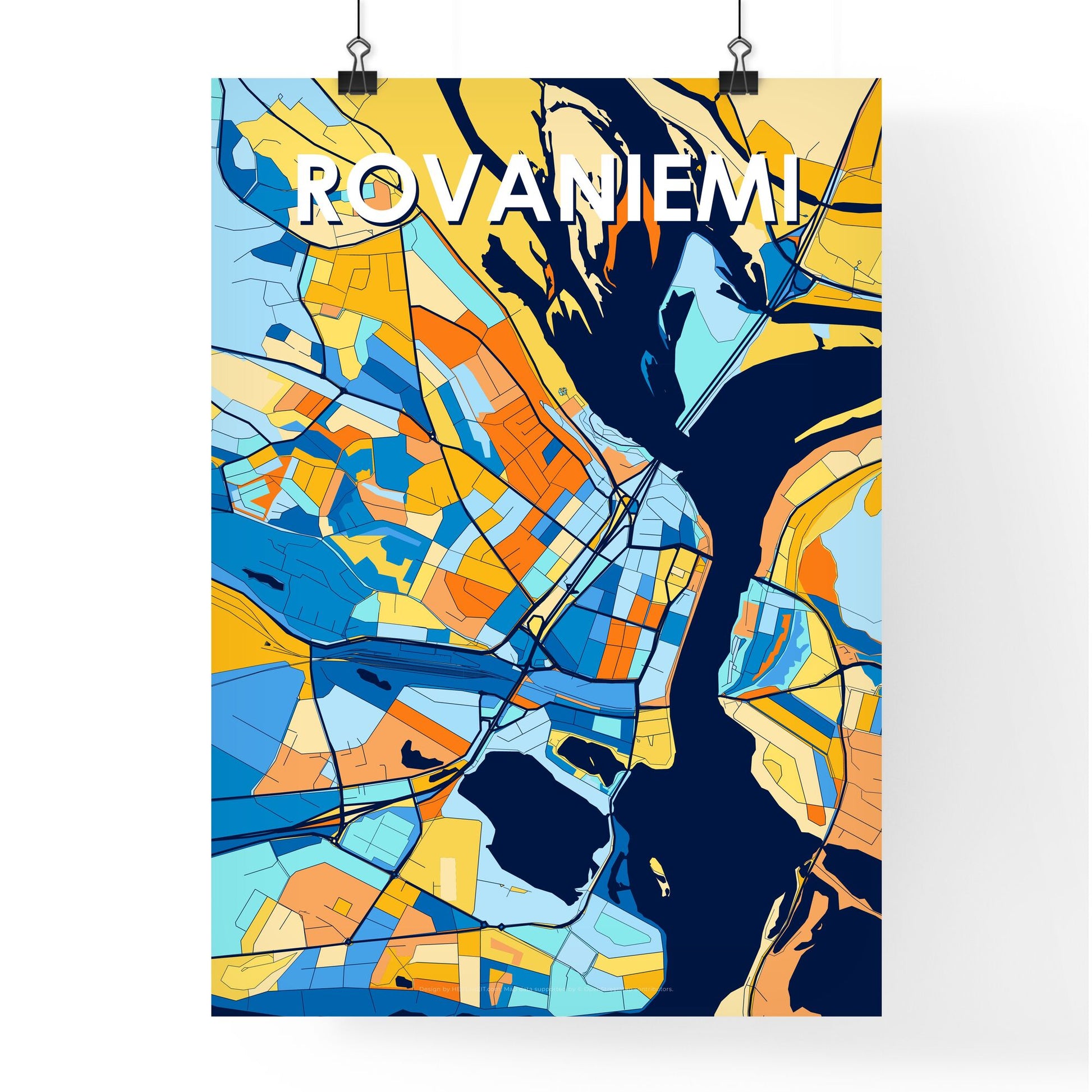 ROVANIEMI FINLAND Vibrant Colorful Art Map Poster Blue Orange