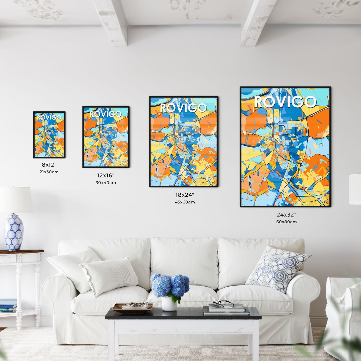 ROVIGO ITALY Vibrant Colorful Art Map Poster Blue Orange