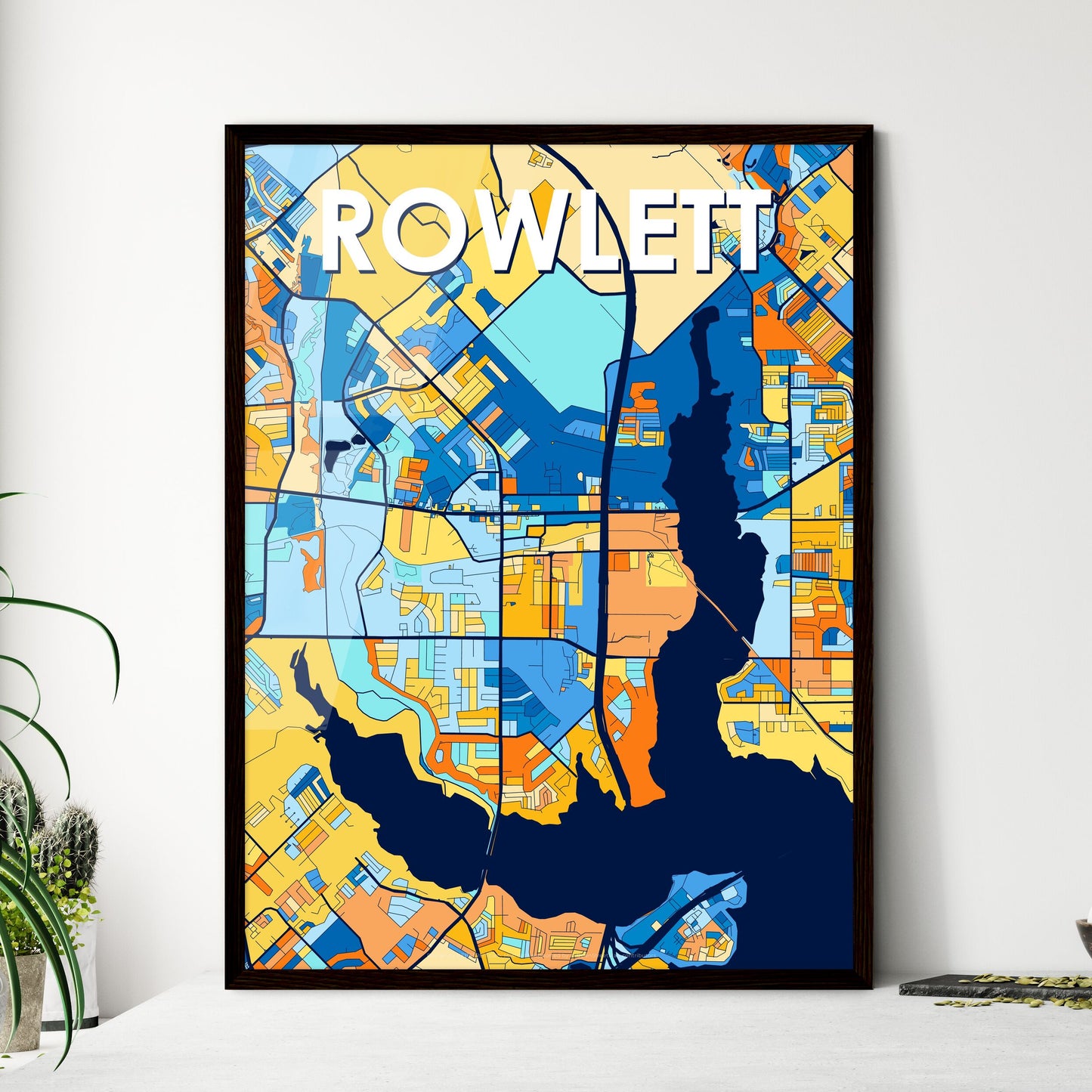 ROWLETT TEXAS Vibrant Colorful Art Map Poster Blue Orange