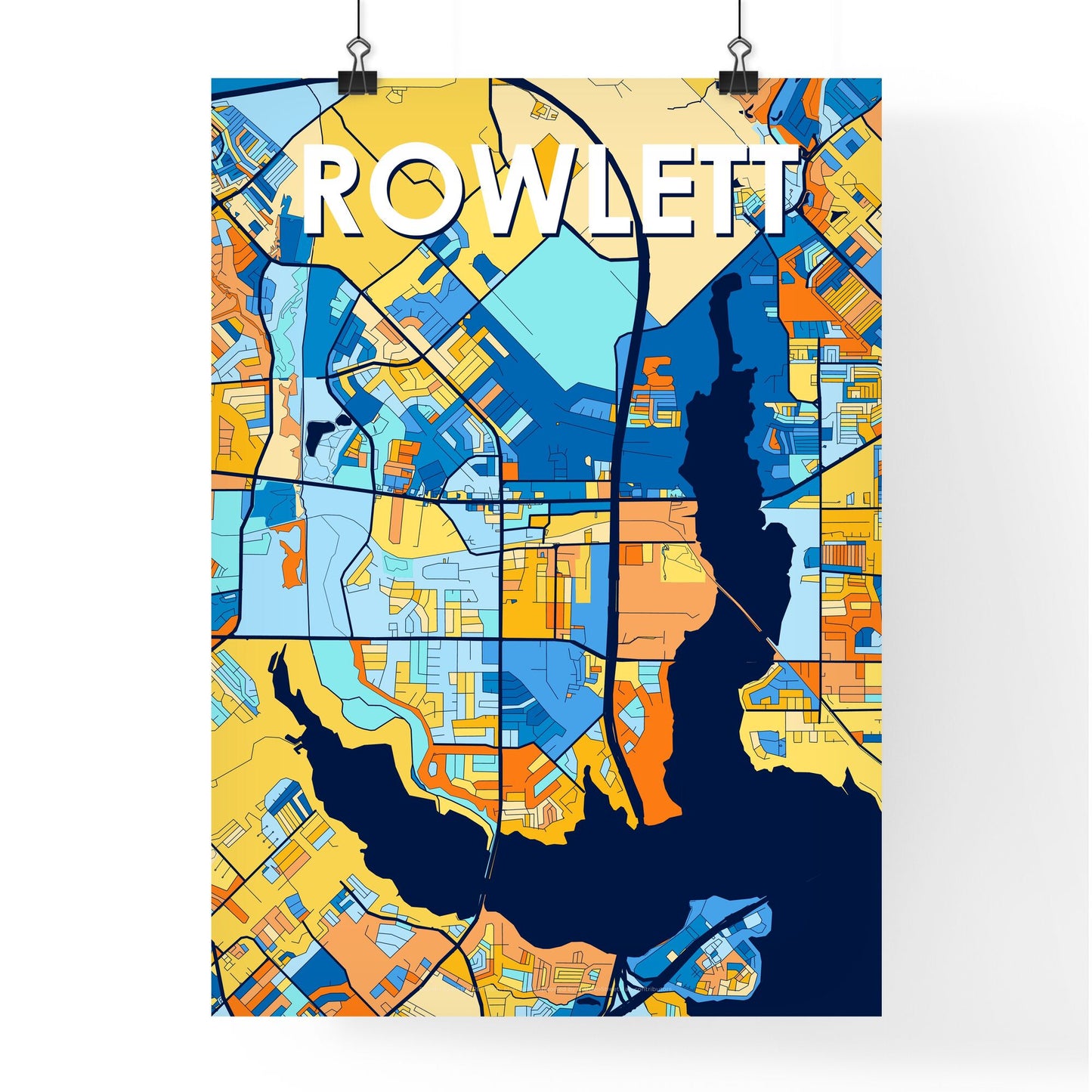 ROWLETT TEXAS Vibrant Colorful Art Map Poster Blue Orange