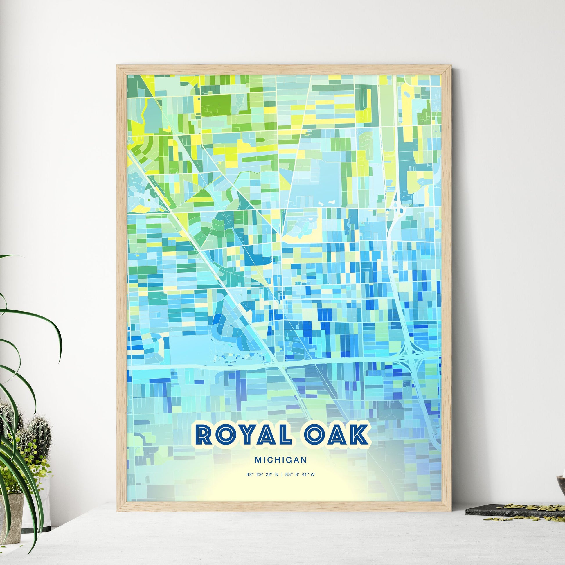 Colorful Royal Oak Michigan Fine Art Map Cool Blue