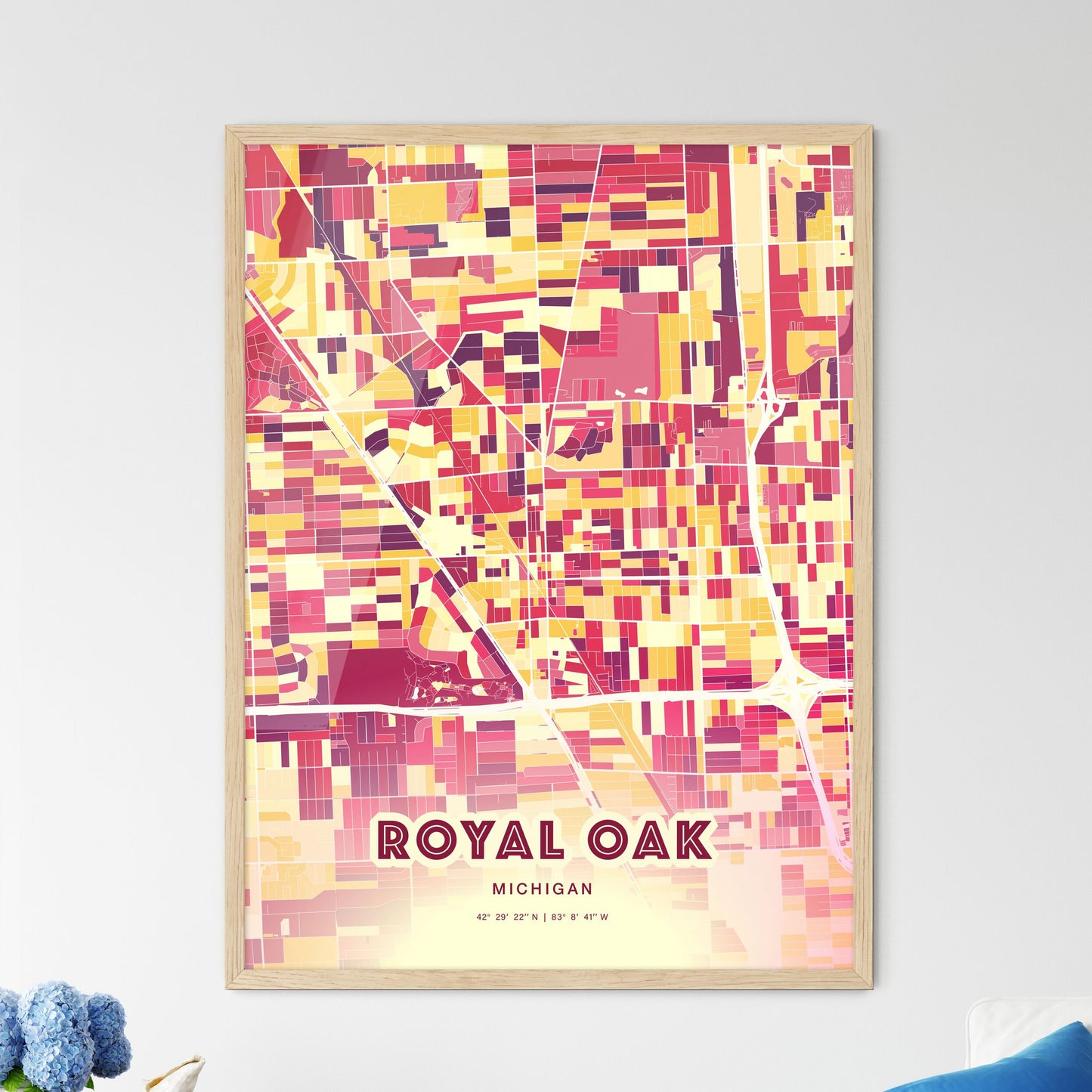 Colorful Royal Oak Michigan Fine Art Map Hot Red