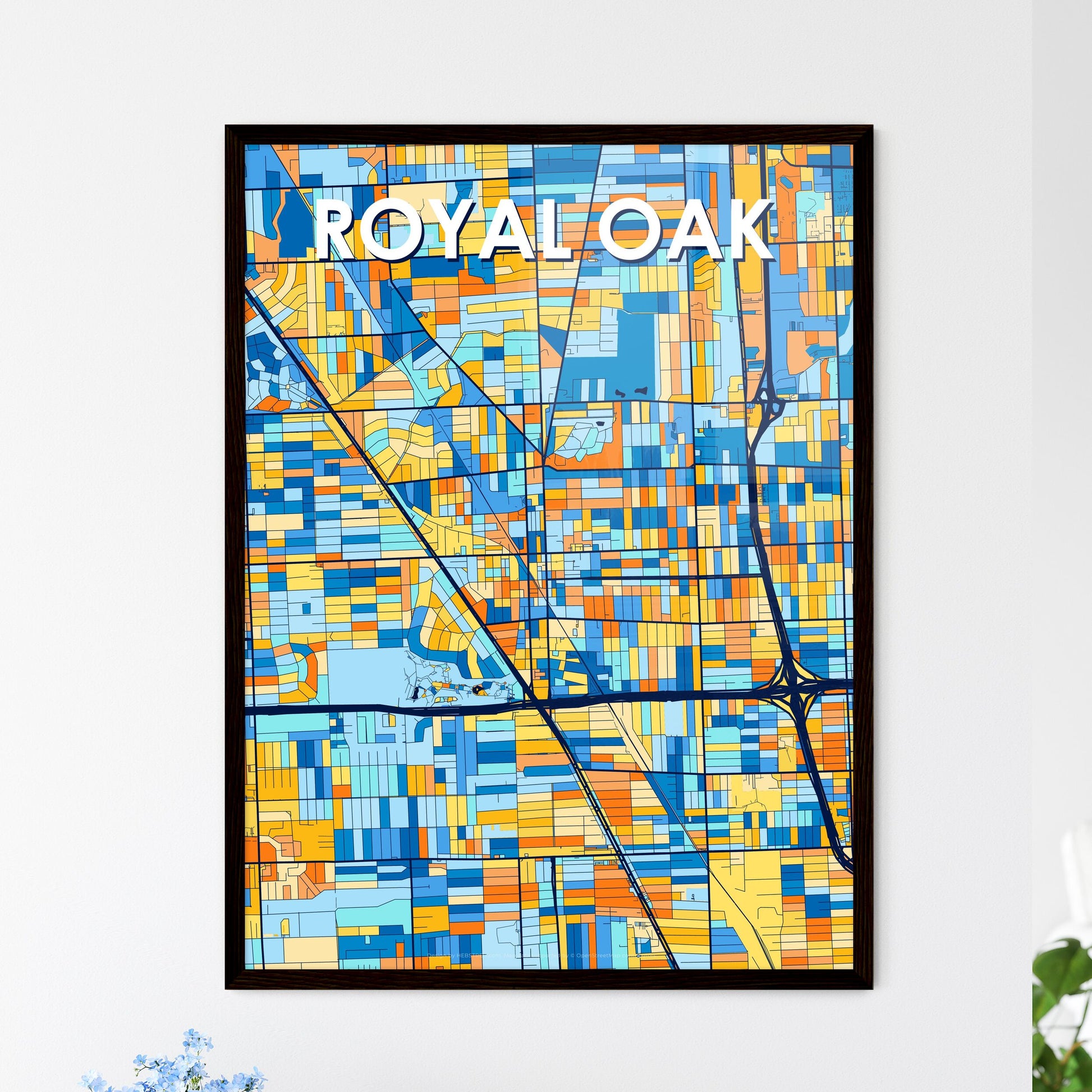 ROYAL OAK MICHIGAN Vibrant Colorful Art Map Poster Blue Orange