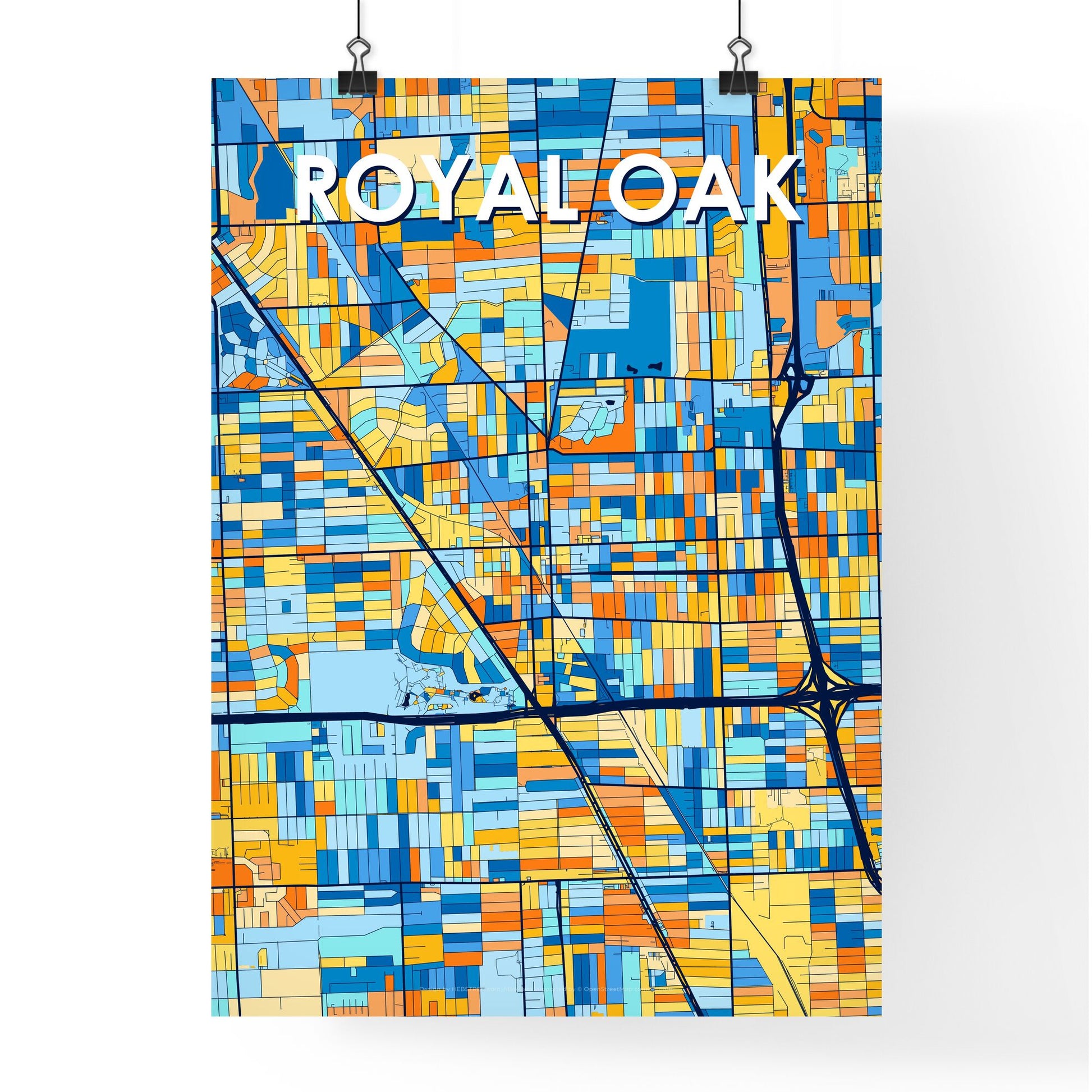 ROYAL OAK MICHIGAN Vibrant Colorful Art Map Poster Blue Orange