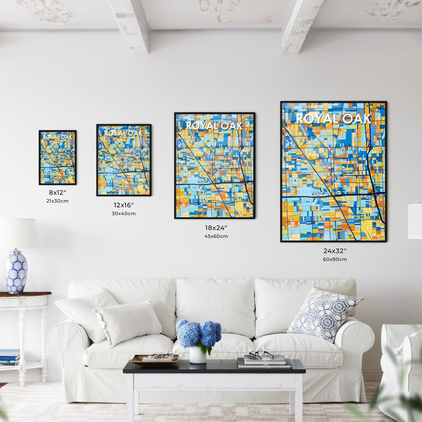 ROYAL OAK MICHIGAN Vibrant Colorful Art Map Poster Blue Orange