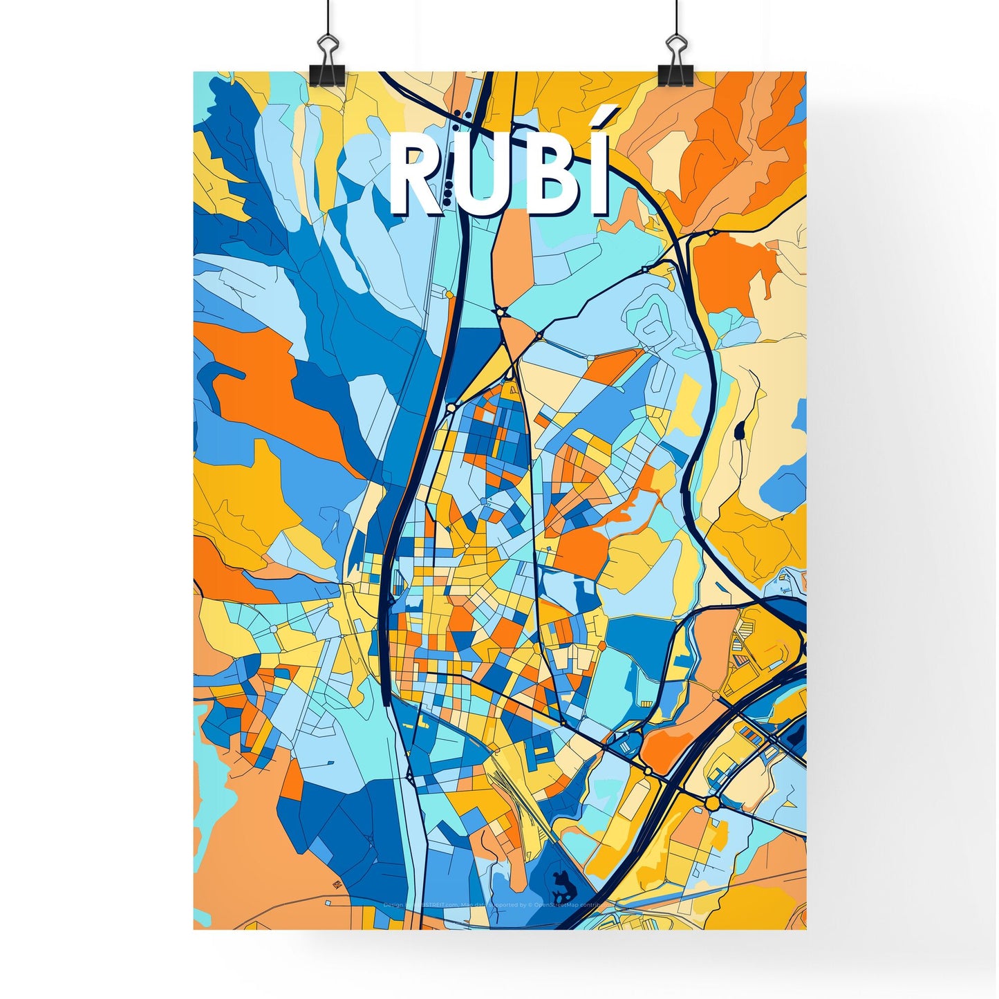 RUBÍ SPAIN Vibrant Colorful Art Map Poster Blue Orange