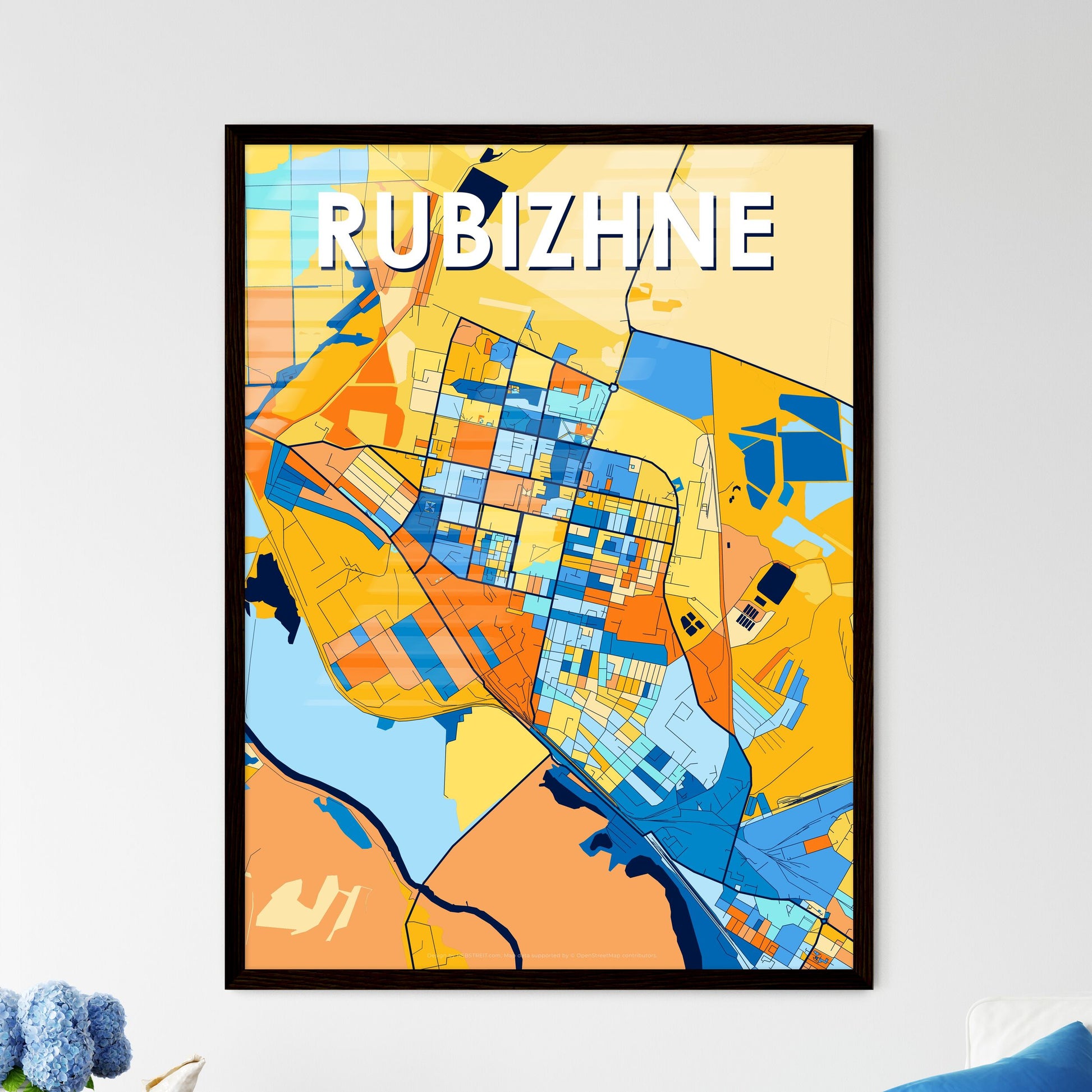 RUBIZHNE UKRAINE Vibrant Colorful Art Map Poster Blue Orange