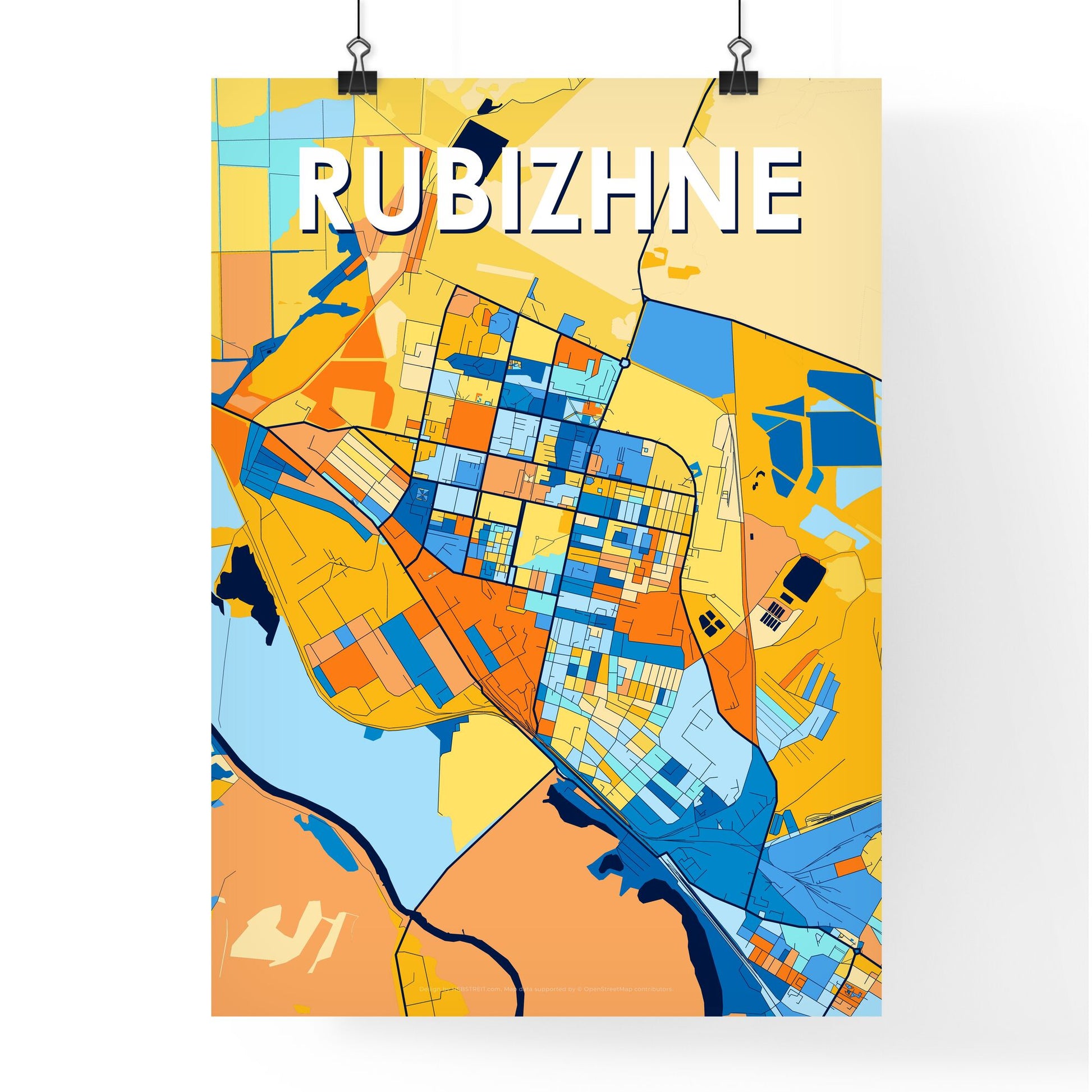 RUBIZHNE UKRAINE Vibrant Colorful Art Map Poster Blue Orange