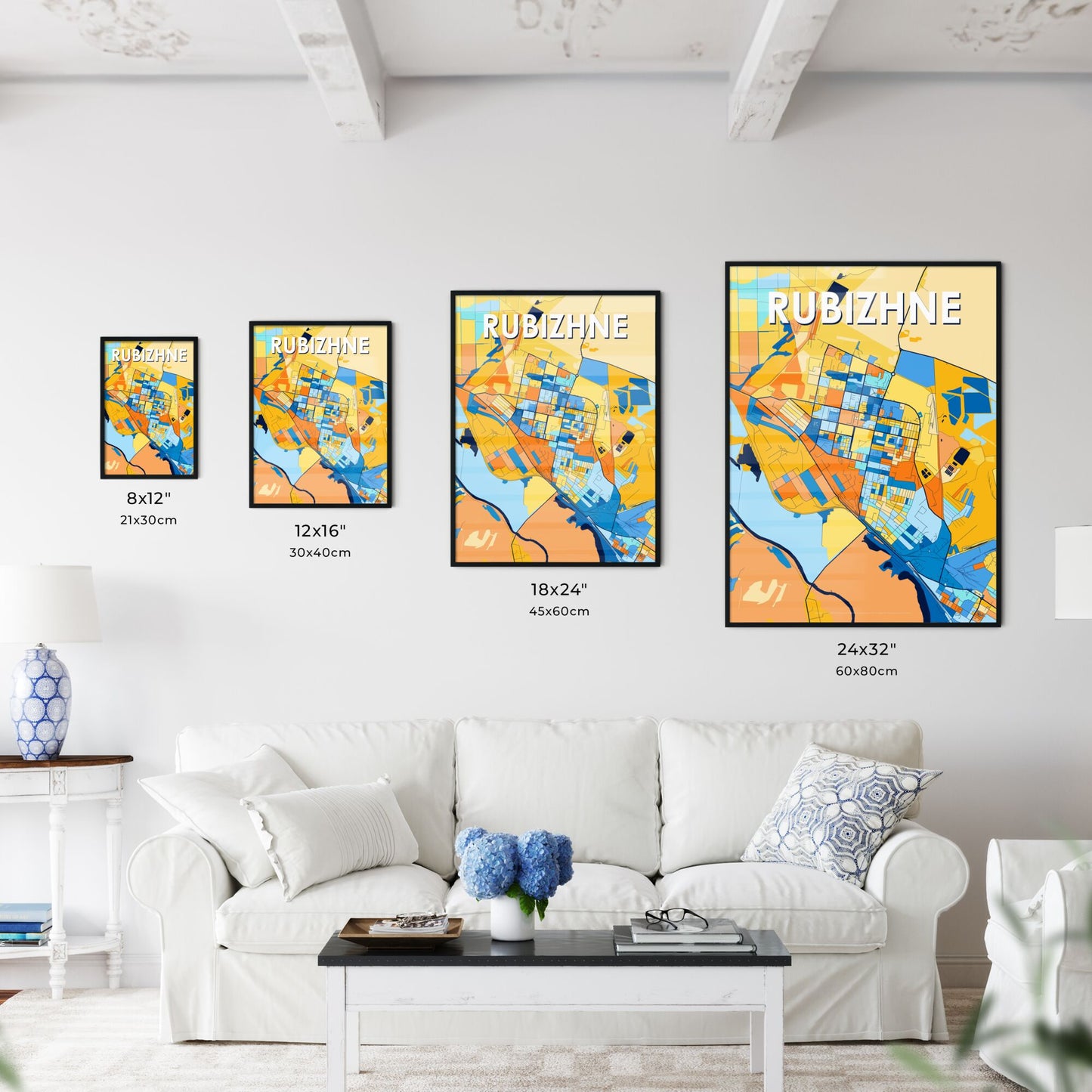 RUBIZHNE UKRAINE Vibrant Colorful Art Map Poster Blue Orange