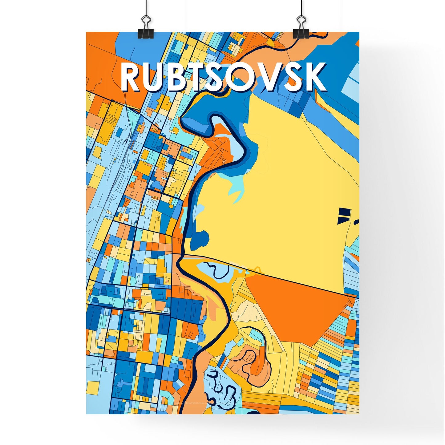 RUBTSOVSK RUSSIA Vibrant Colorful Art Map Poster Blue Orange