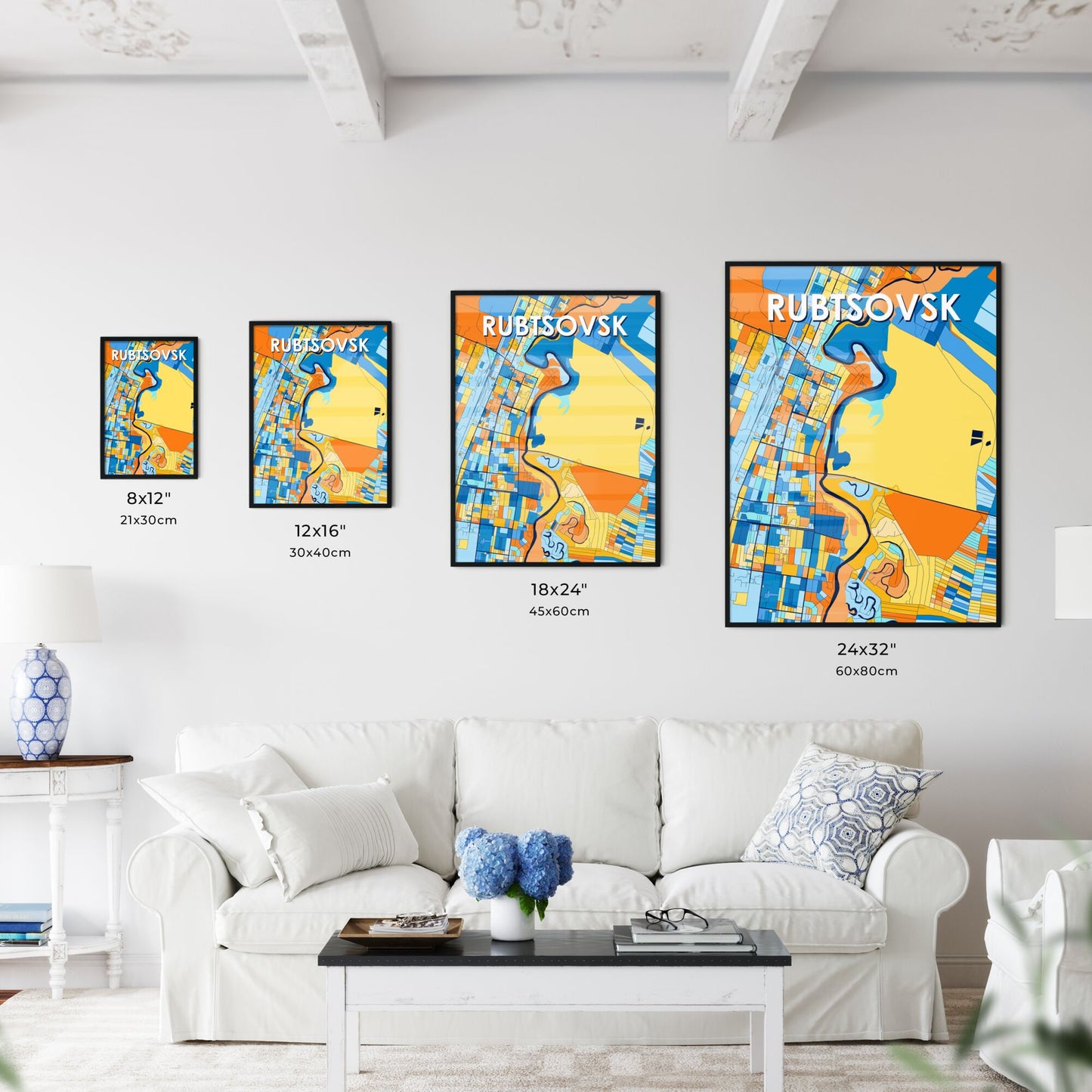 RUBTSOVSK RUSSIA Vibrant Colorful Art Map Poster Blue Orange