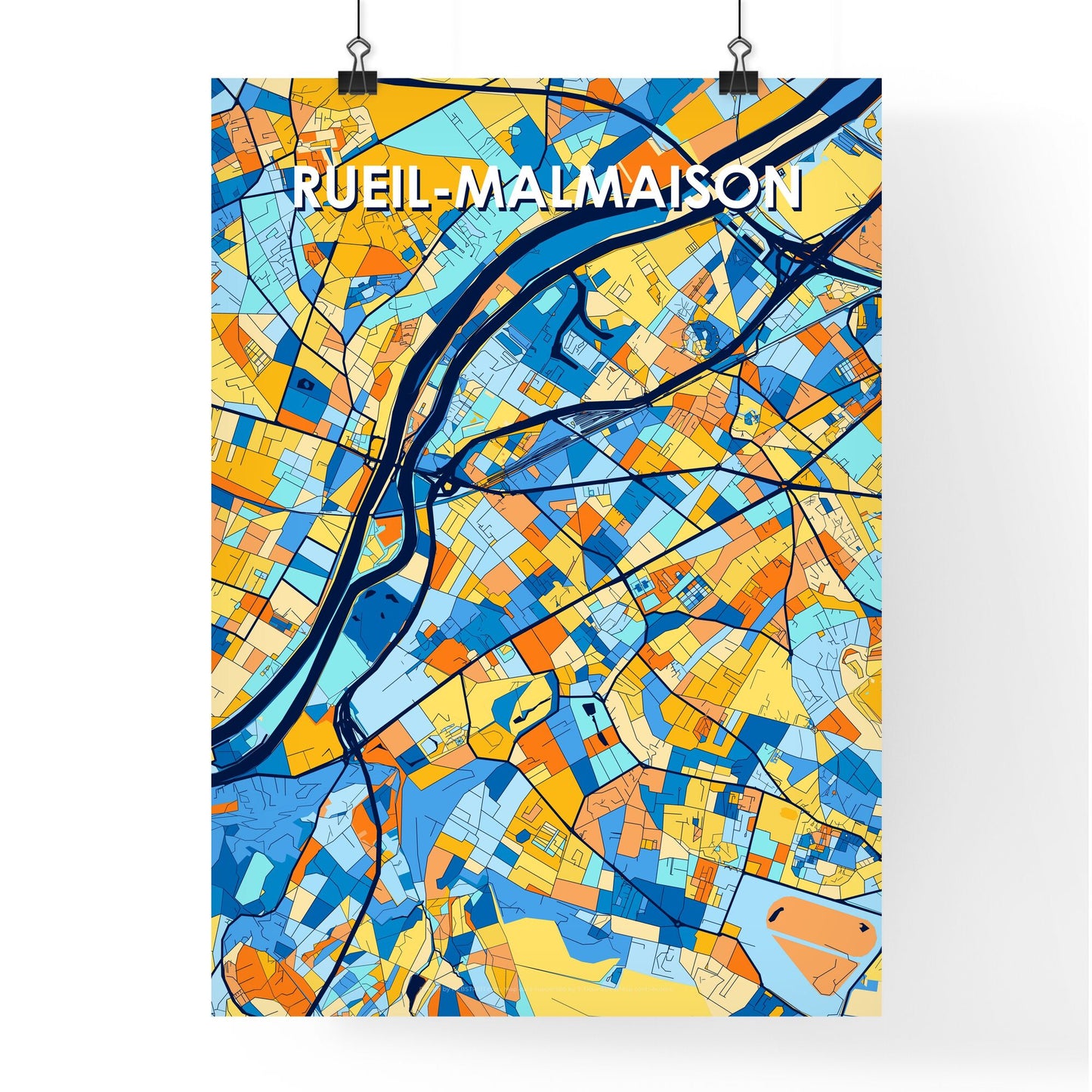 RUEIL-MALMAISON FRANCE Vibrant Colorful Art Map Poster Blue Orange