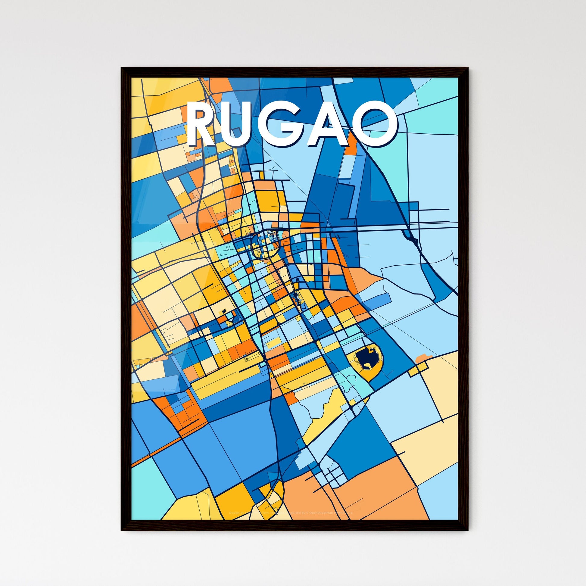 RUGAO CHINA Vibrant Colorful Art Map Poster Blue Orange