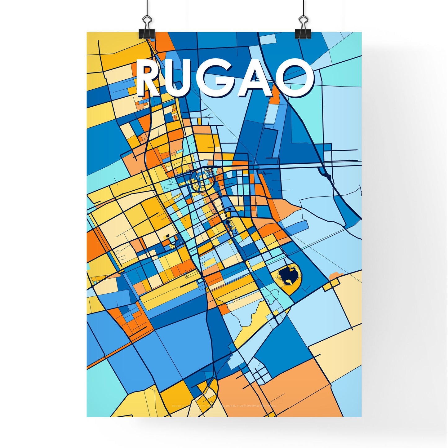 RUGAO CHINA Vibrant Colorful Art Map Poster Blue Orange