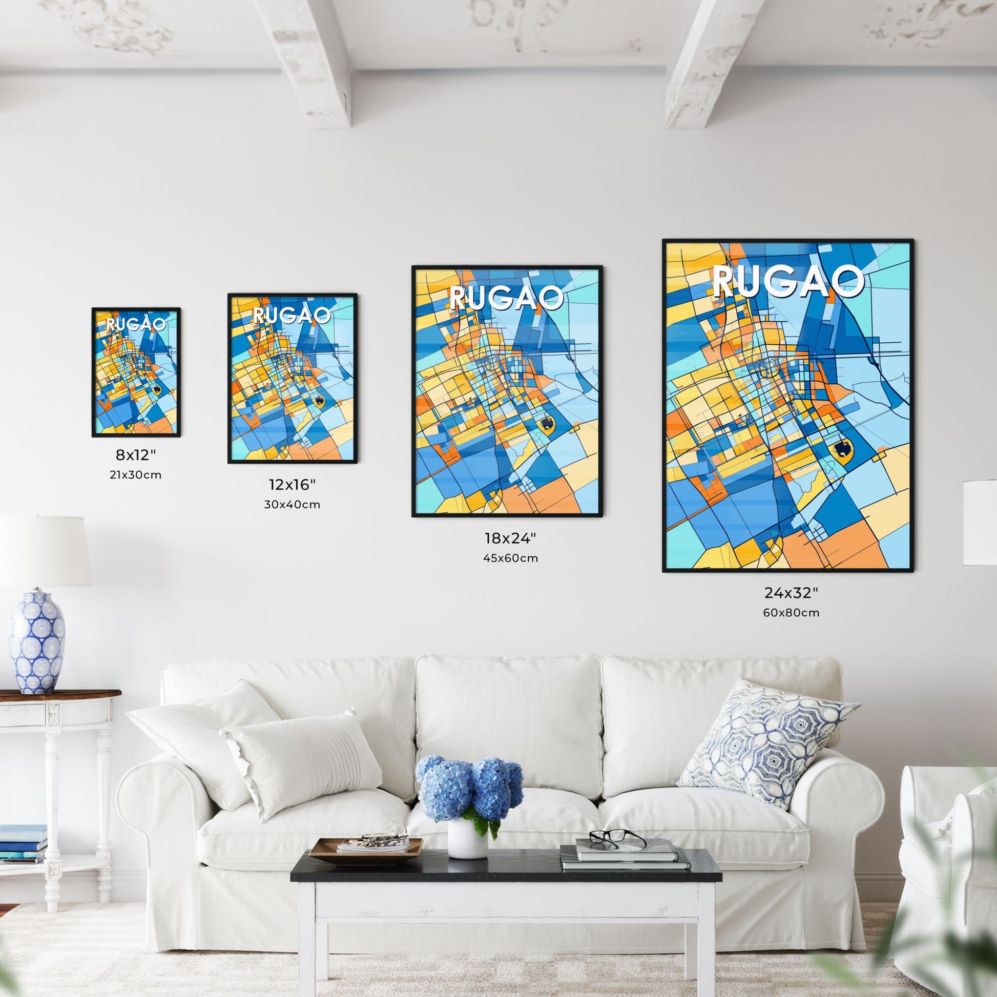 RUGAO CHINA Vibrant Colorful Art Map Poster Blue Orange