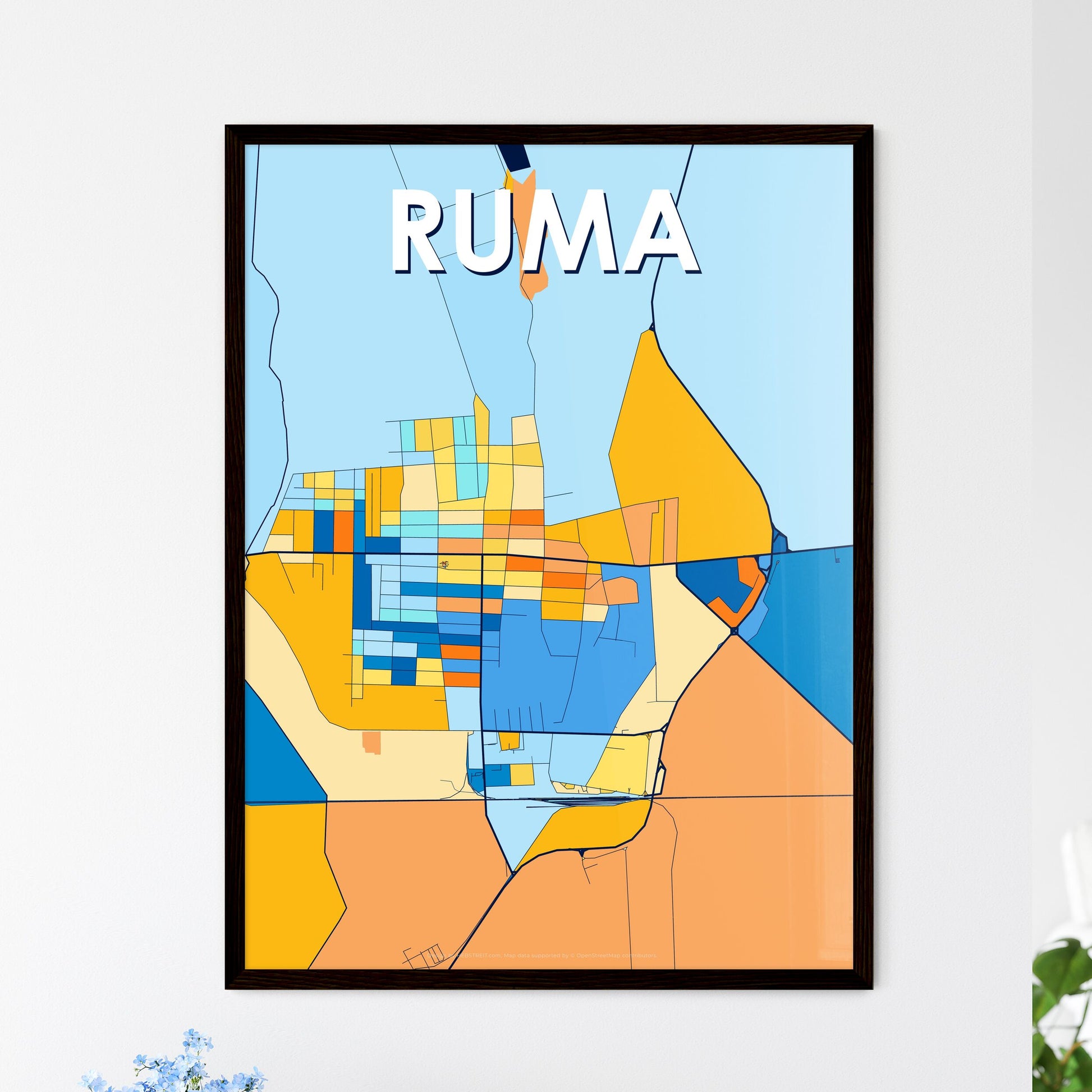 RUMA SERBIA Vibrant Colorful Art Map Poster Blue Orange