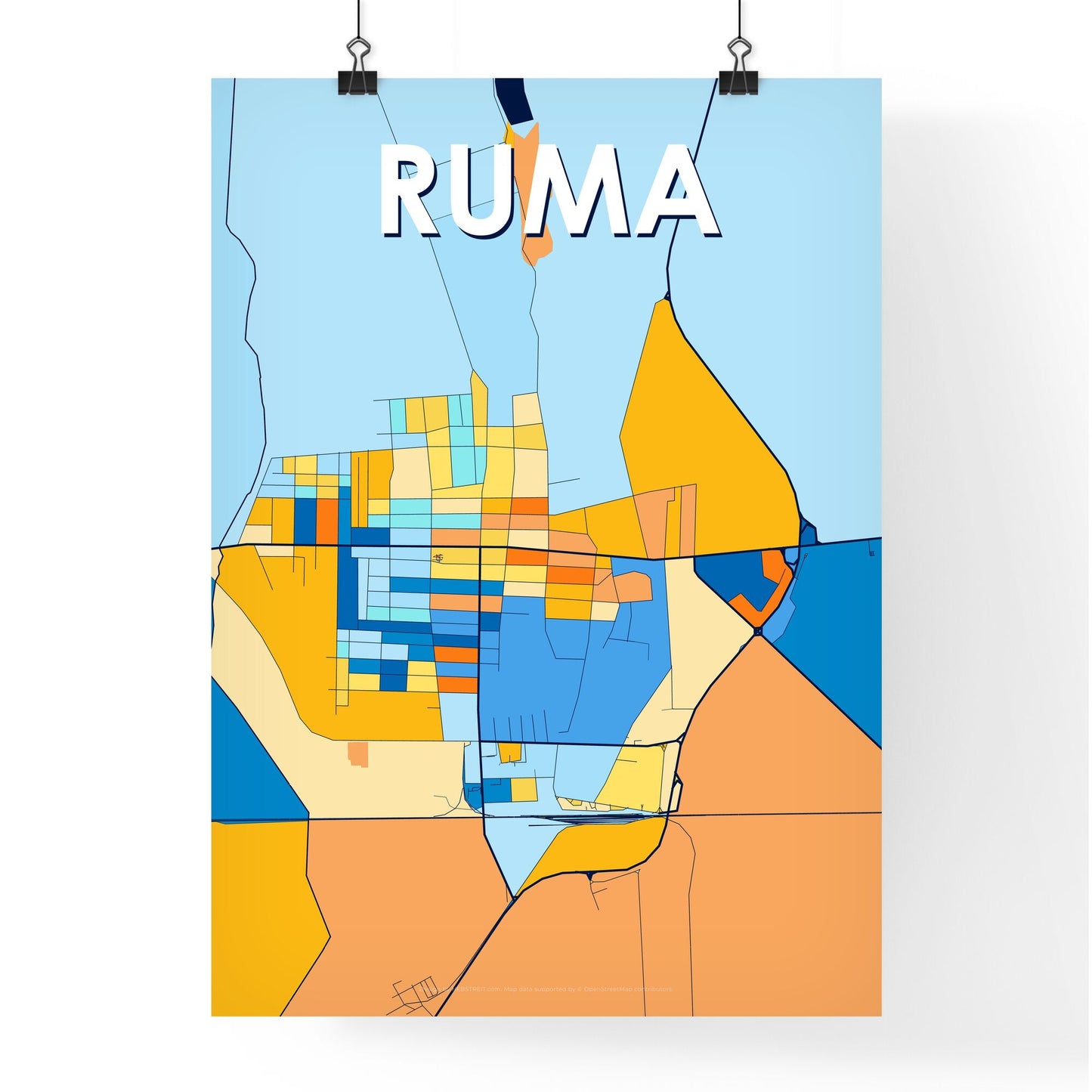 RUMA SERBIA Vibrant Colorful Art Map Poster Blue Orange