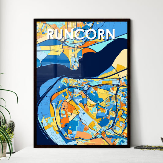 RUNCORN ENGLAND Vibrant Colorful Art Map Poster Blue Orange