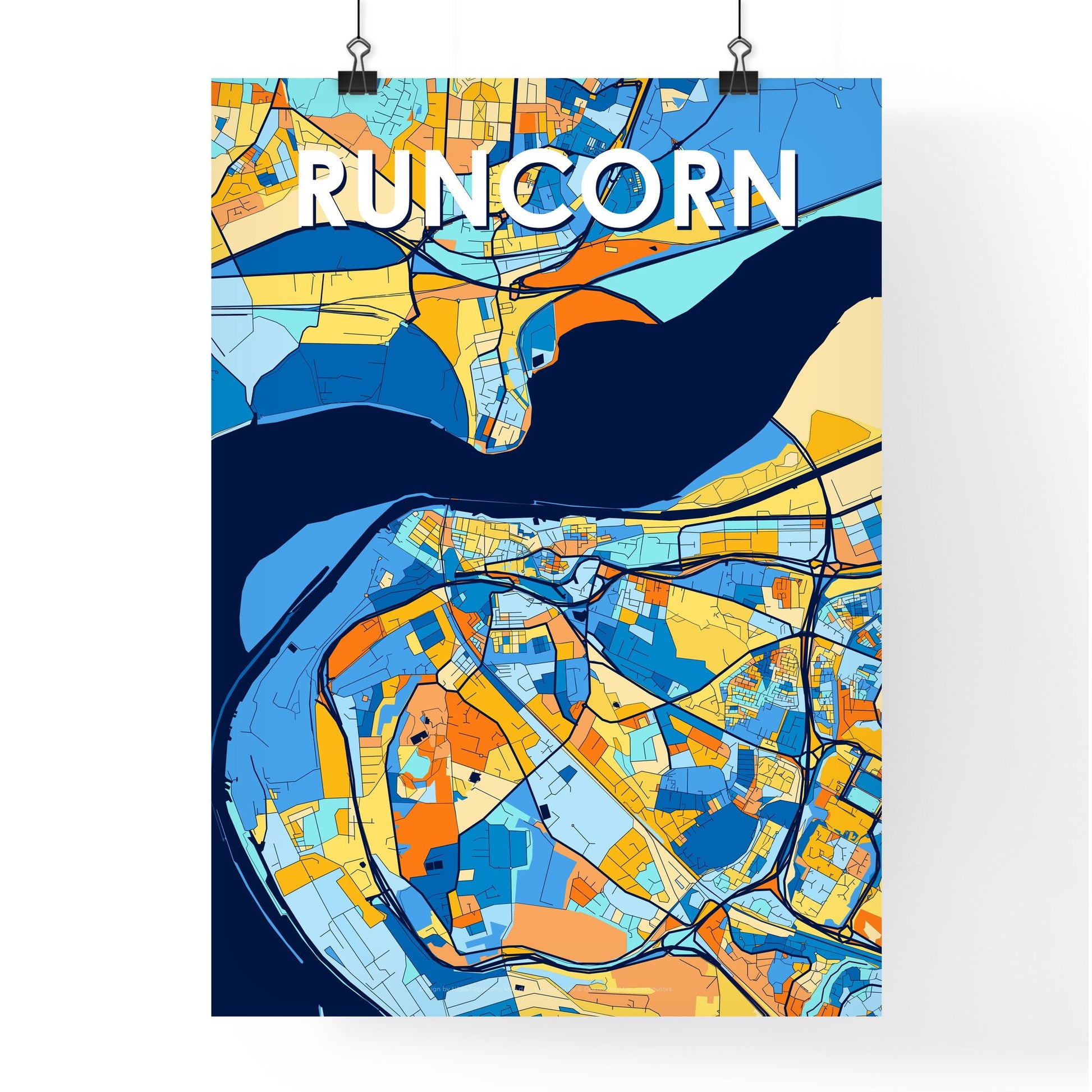 RUNCORN ENGLAND Vibrant Colorful Art Map Poster Blue Orange