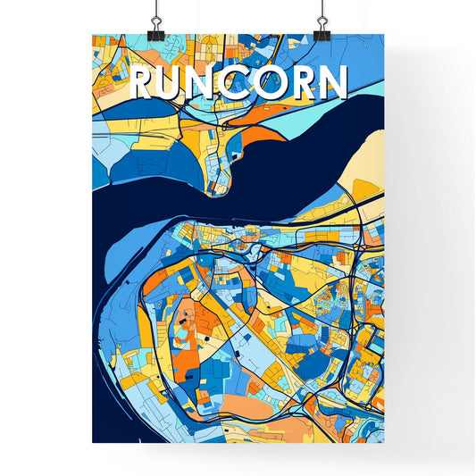 RUNCORN ENGLAND Vibrant Colorful Art Map Poster Blue Orange