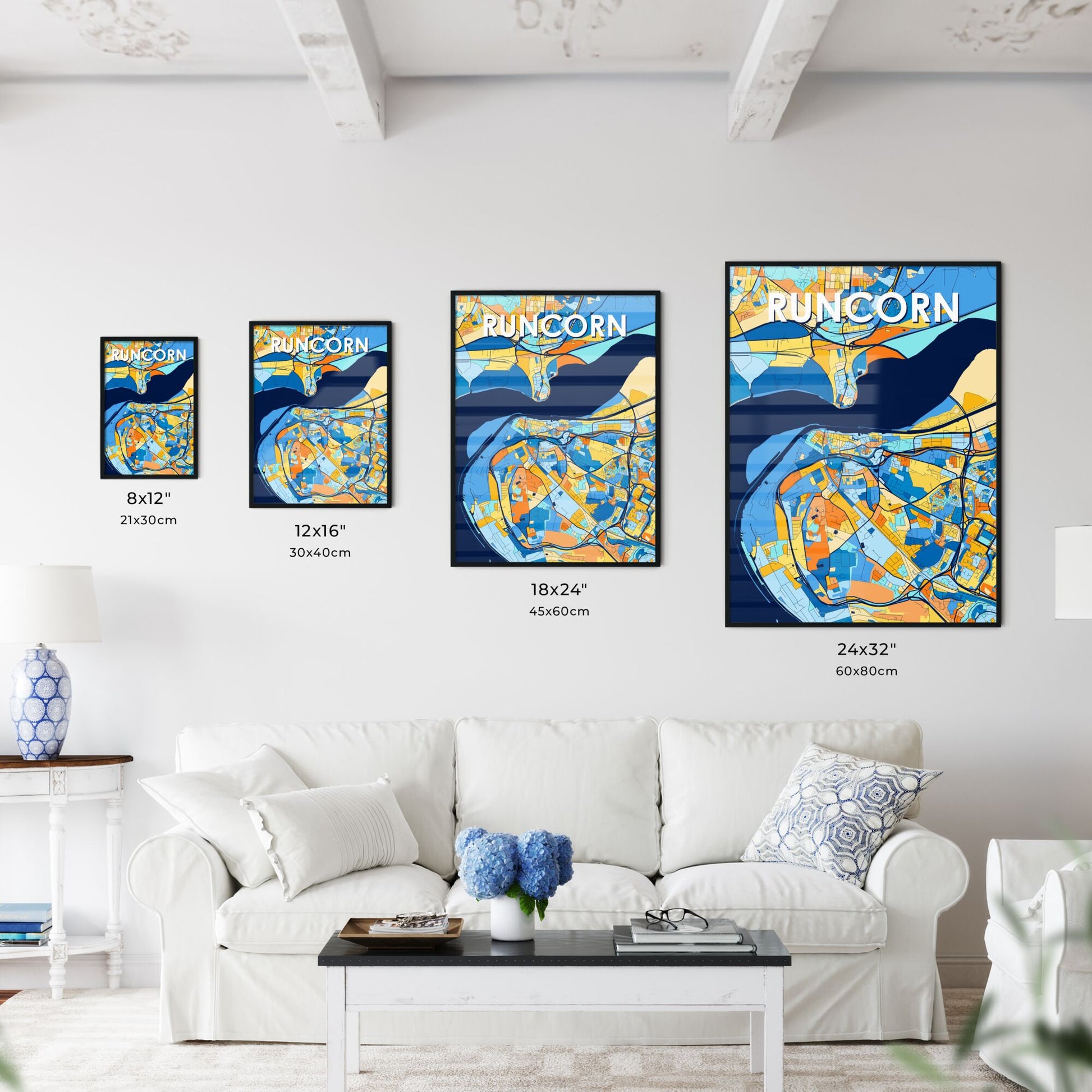 RUNCORN ENGLAND Vibrant Colorful Art Map Poster Blue Orange