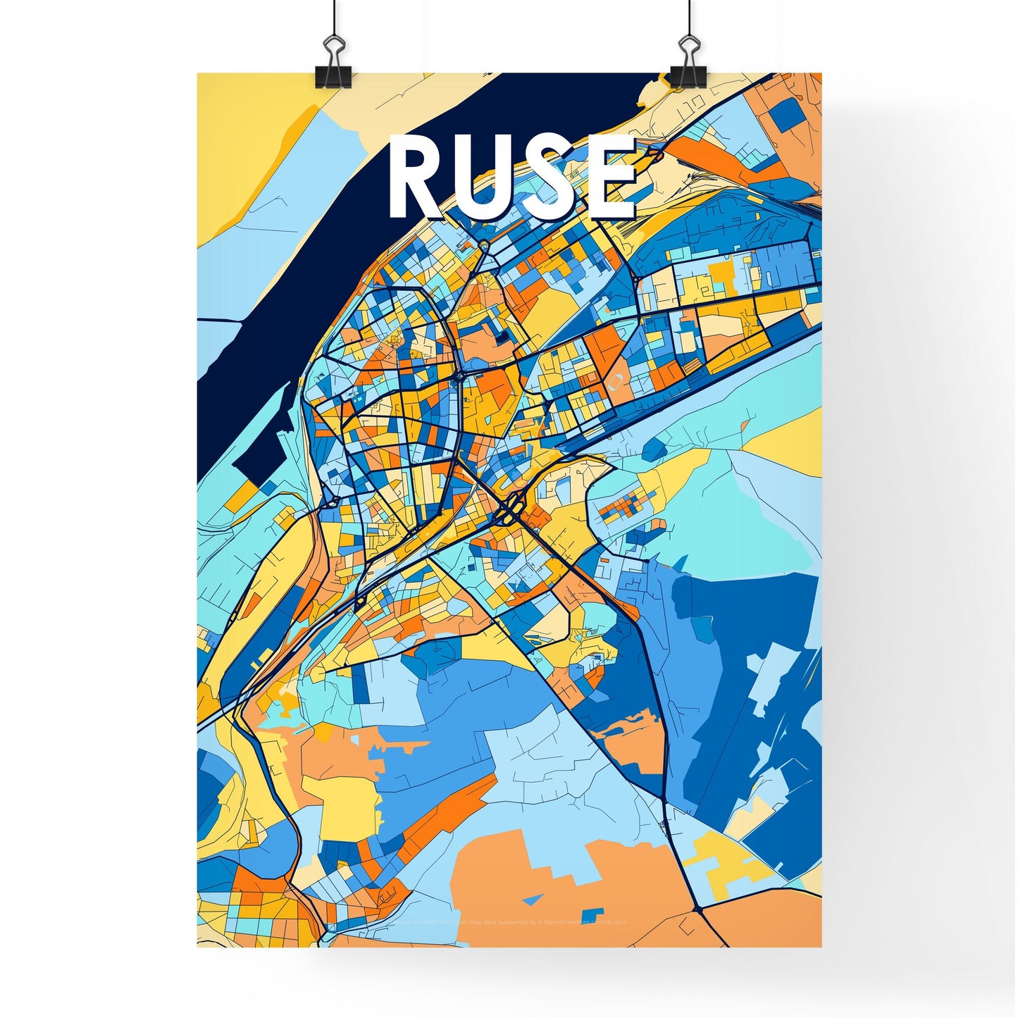 RUSE BULGARIA Vibrant Colorful Art Map Poster Blue Orange