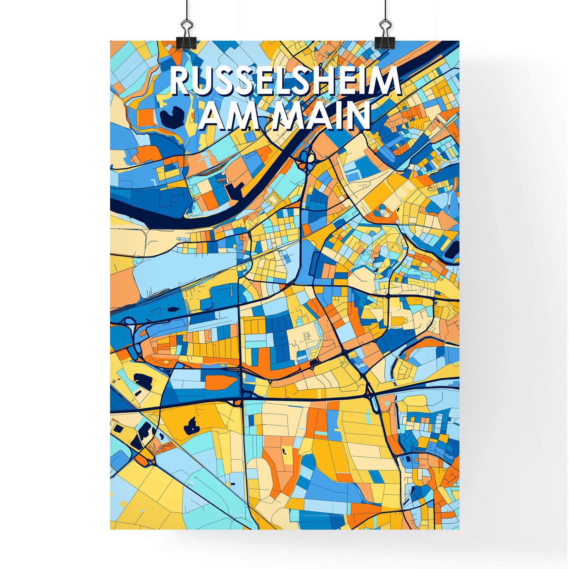 RUSSELSHEIM AM MAIN GERMANY Vibrant Colorful Art Map Poster Blue Orange