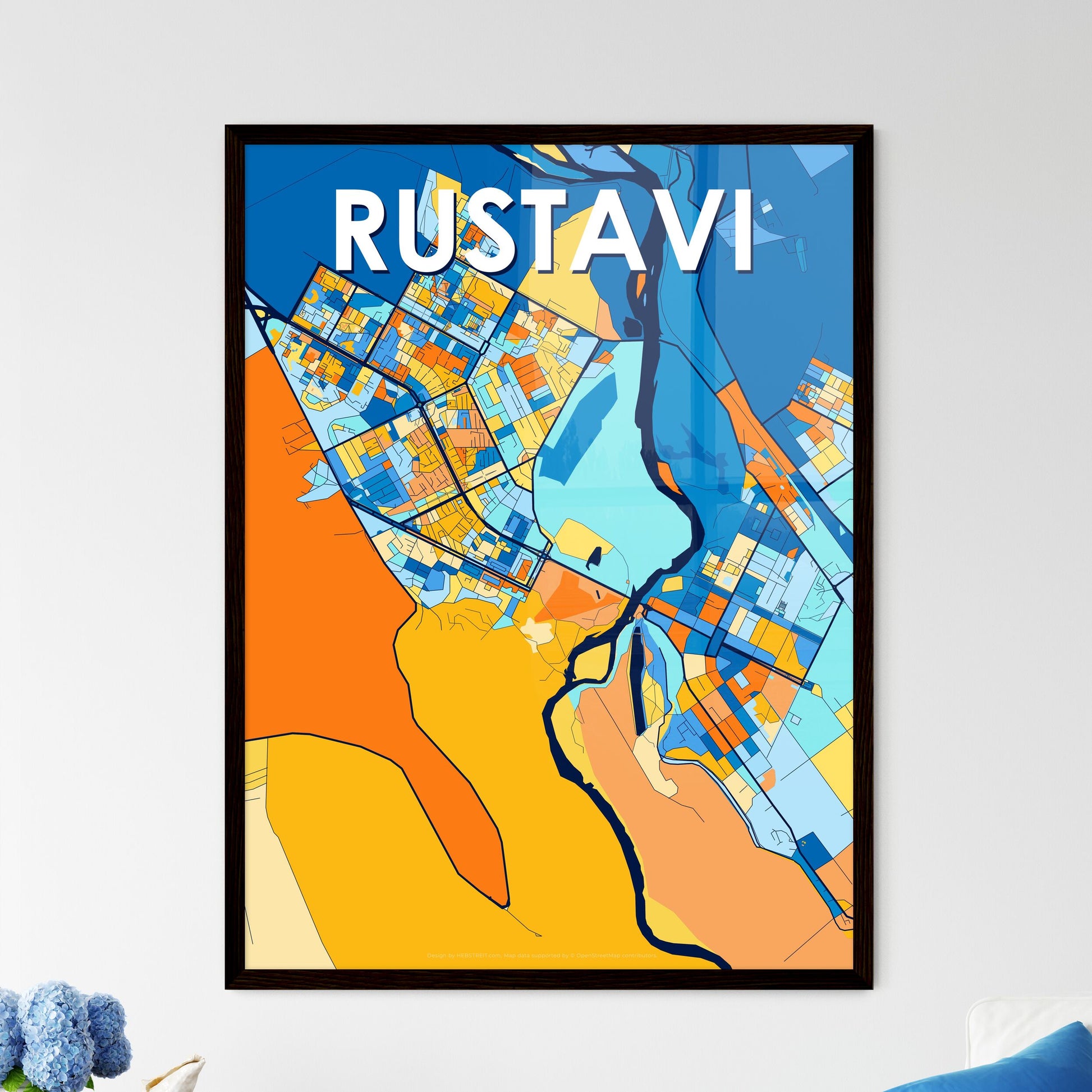 RUSTAVI GEORGIA Vibrant Colorful Art Map Poster Blue Orange