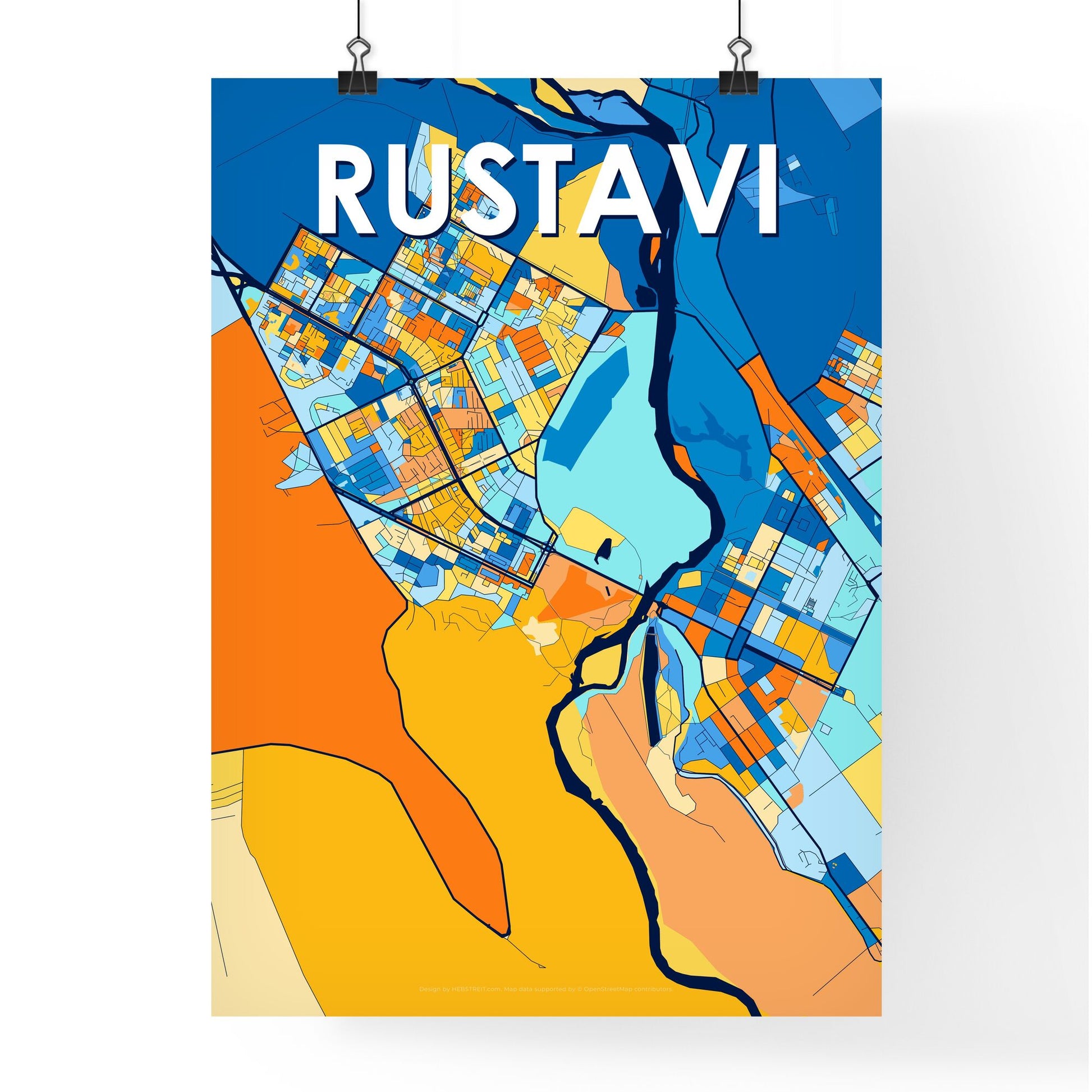 RUSTAVI GEORGIA Vibrant Colorful Art Map Poster Blue Orange