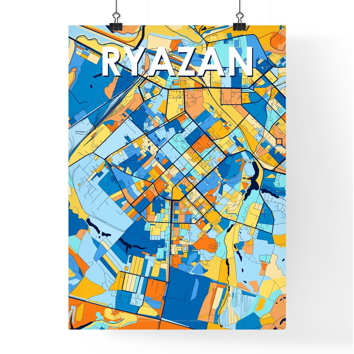 RYAZAN RUSSIA Vibrant Colorful Art Map Poster Blue Orange