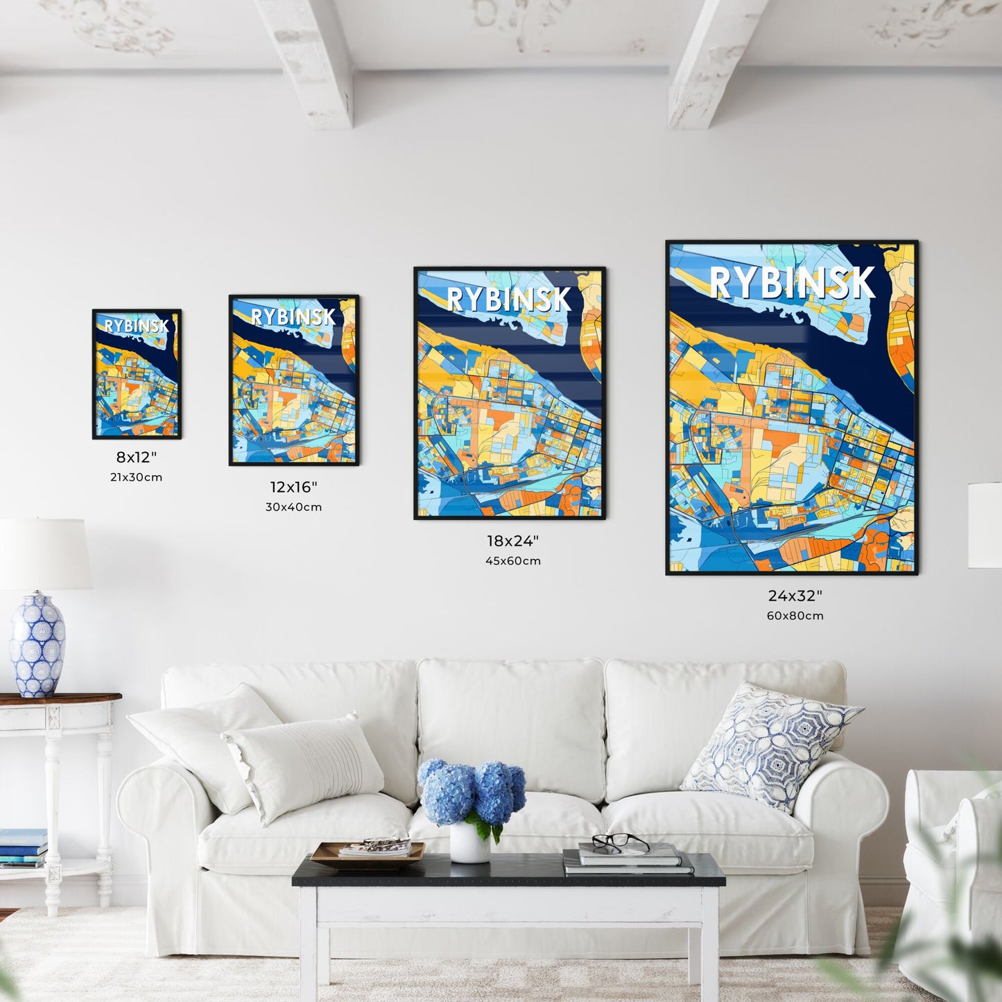 RYBINSK RUSSIA Vibrant Colorful Art Map Poster Blue Orange