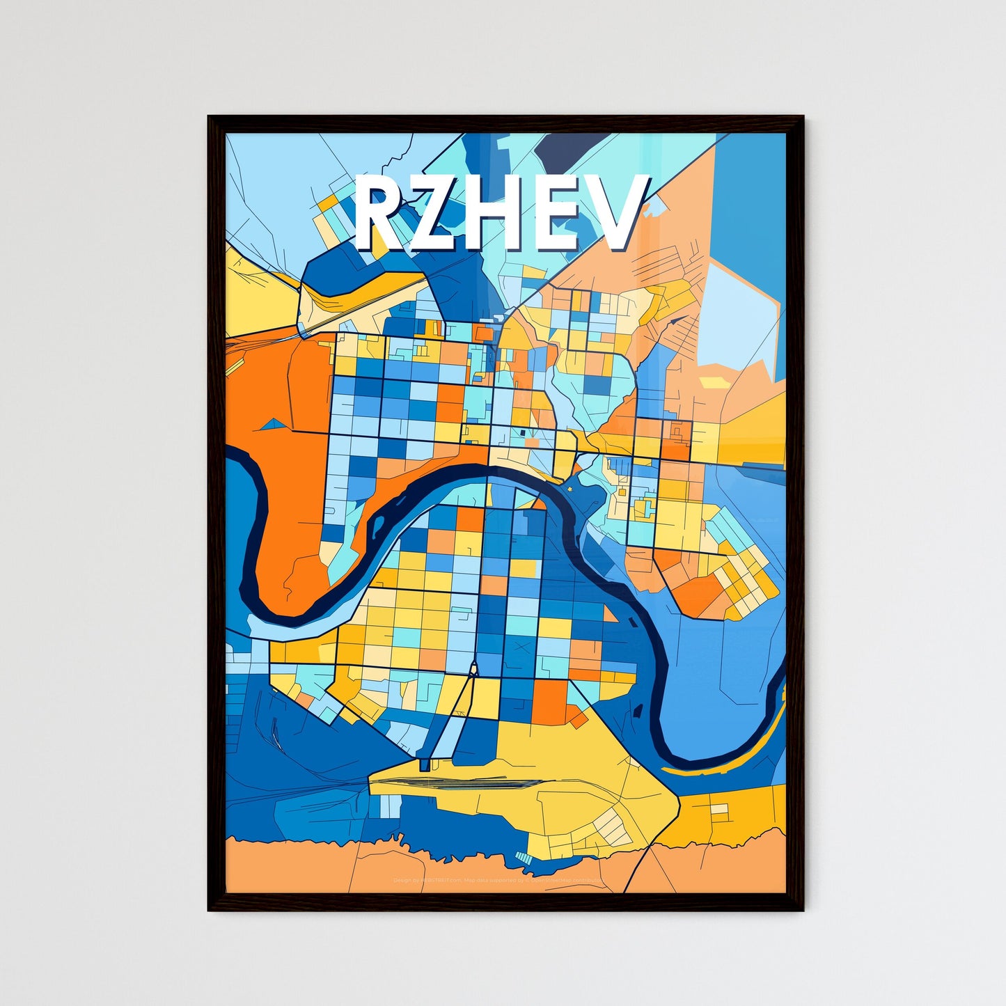 RZHEV RUSSIA Vibrant Colorful Art Map Poster Blue Orange