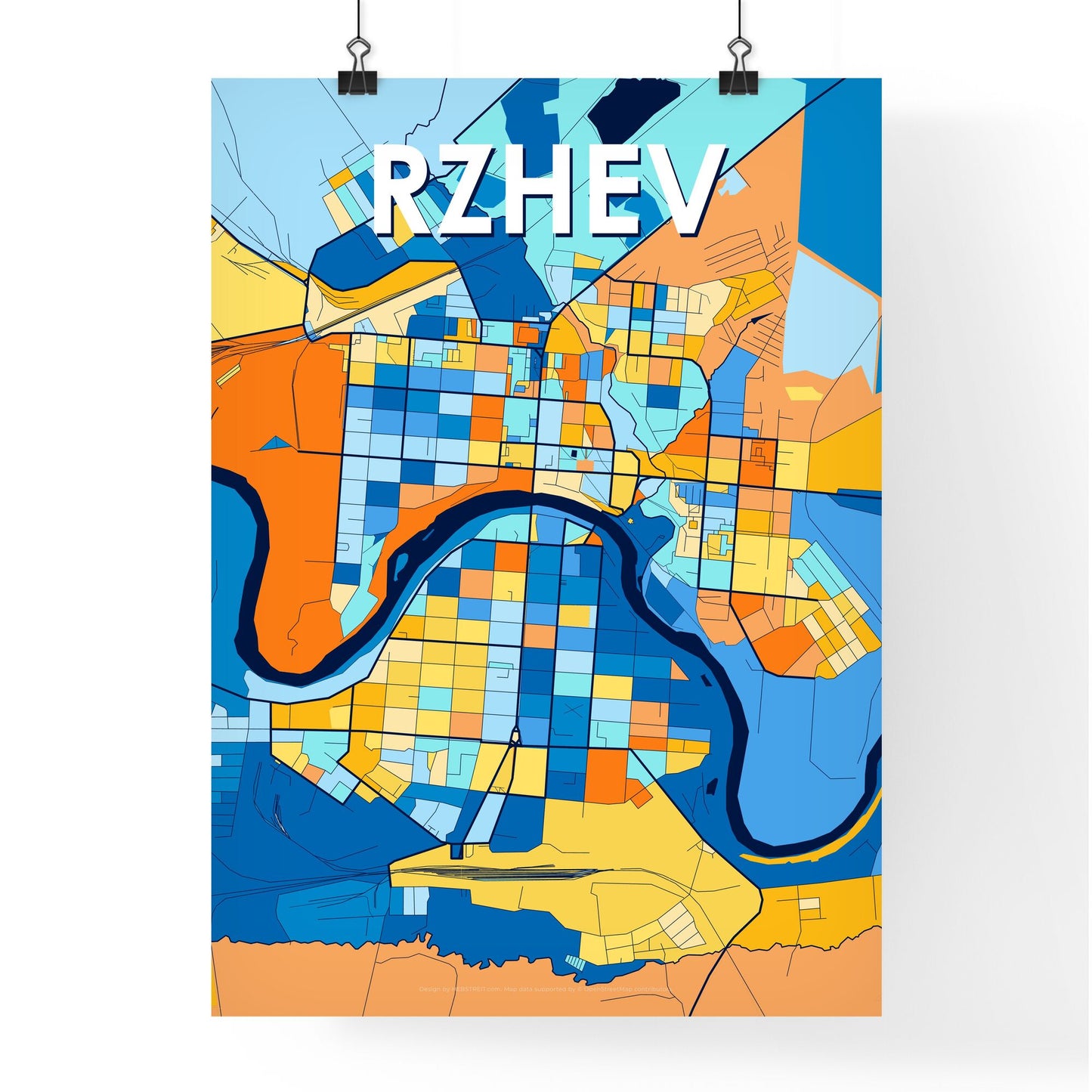 RZHEV RUSSIA Vibrant Colorful Art Map Poster Blue Orange