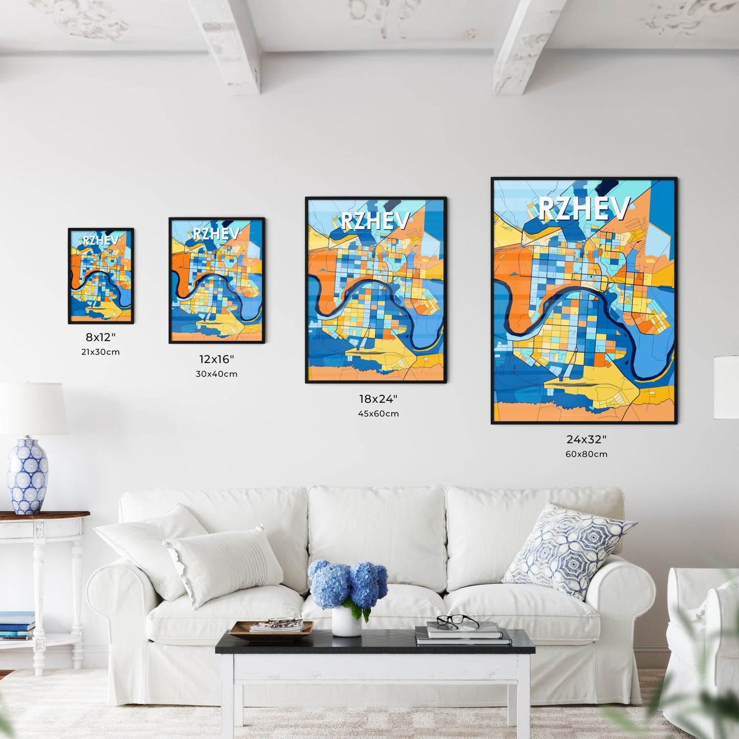 RZHEV RUSSIA Vibrant Colorful Art Map Poster Blue Orange