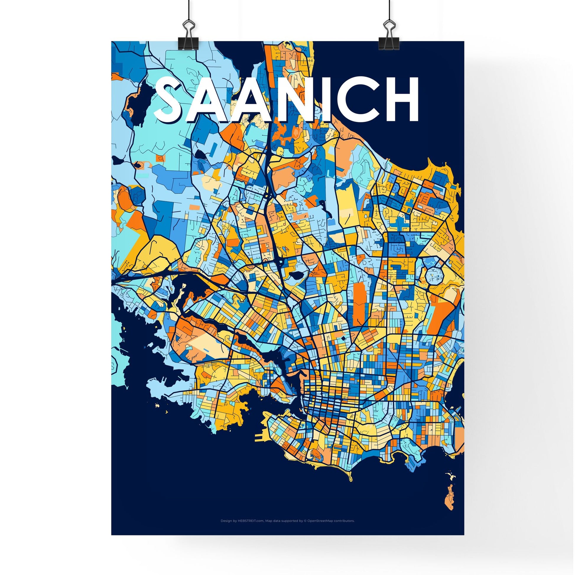 SAANICH CANADA Vibrant Colorful Art Map Poster Blue Orange