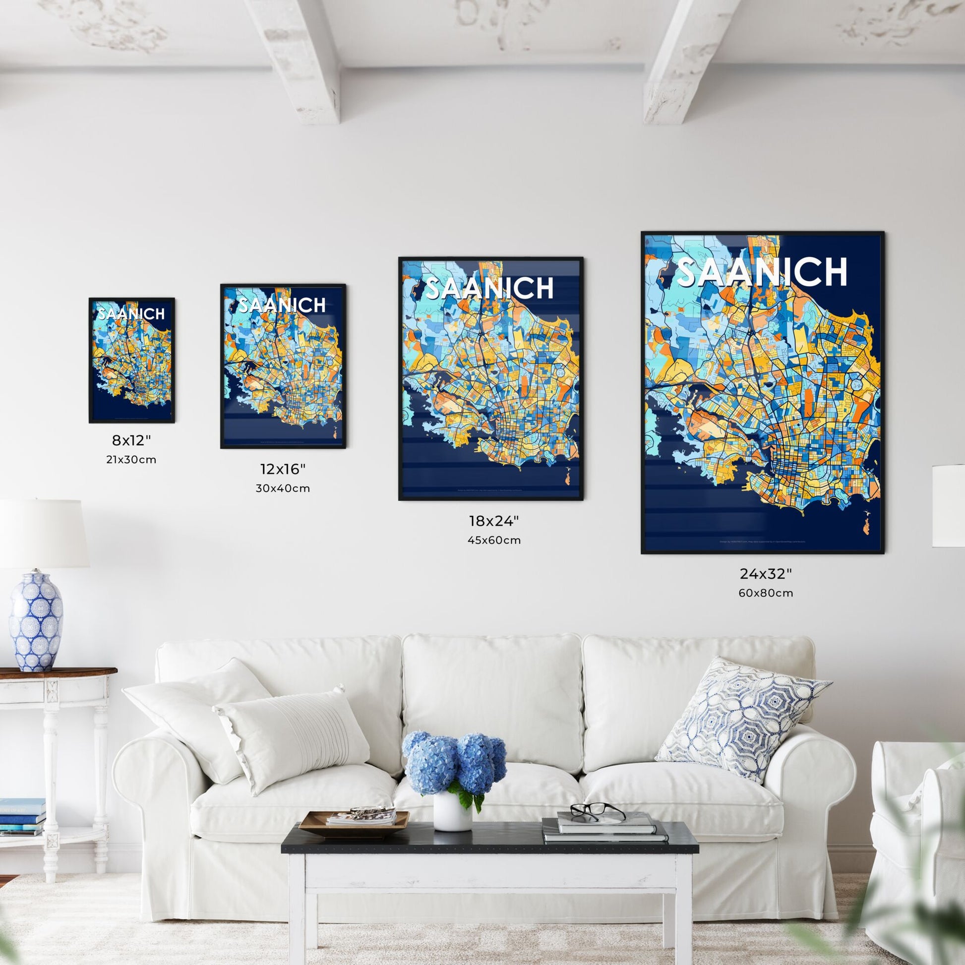 SAANICH CANADA Vibrant Colorful Art Map Poster Blue Orange