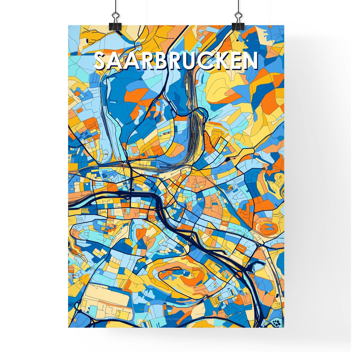 SAARBRUCKEN GERMANY Vibrant Colorful Art Map Poster Blue Orange