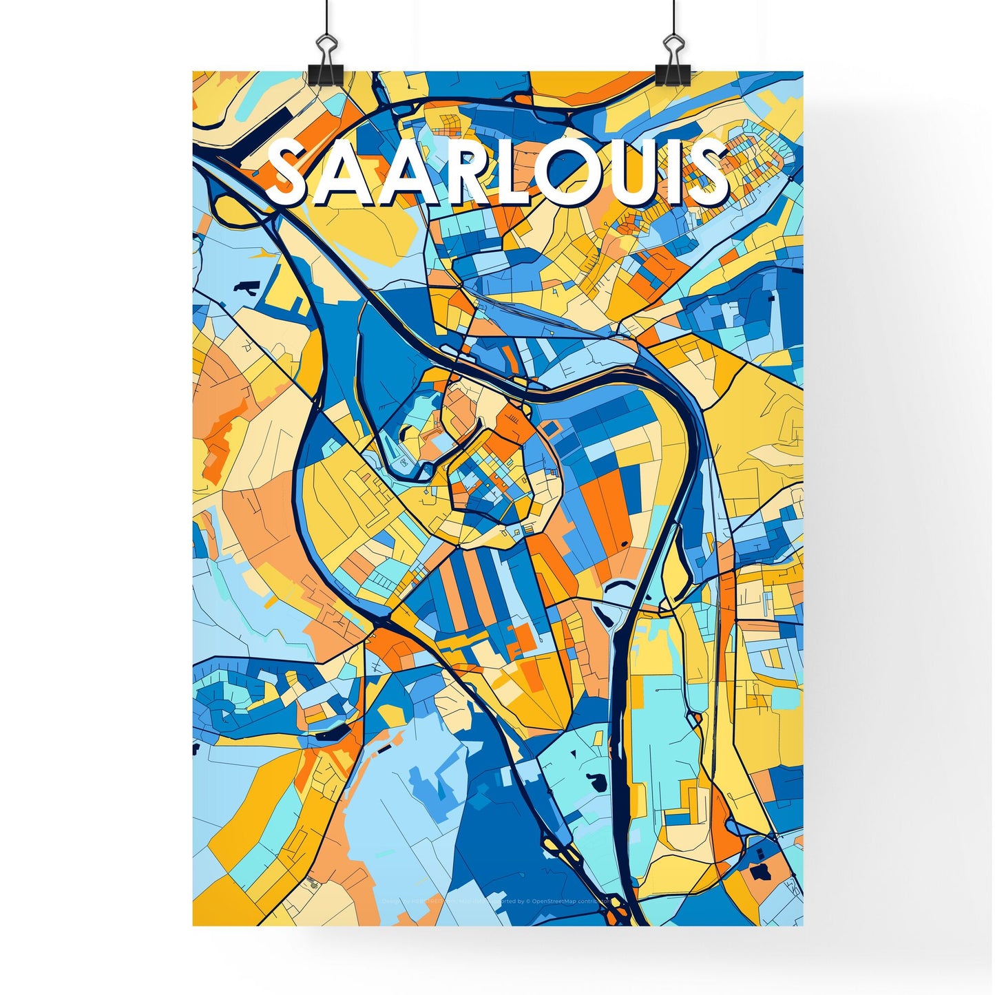 SAARLOUIS GERMANY Vibrant Colorful Art Map Poster Blue Orange