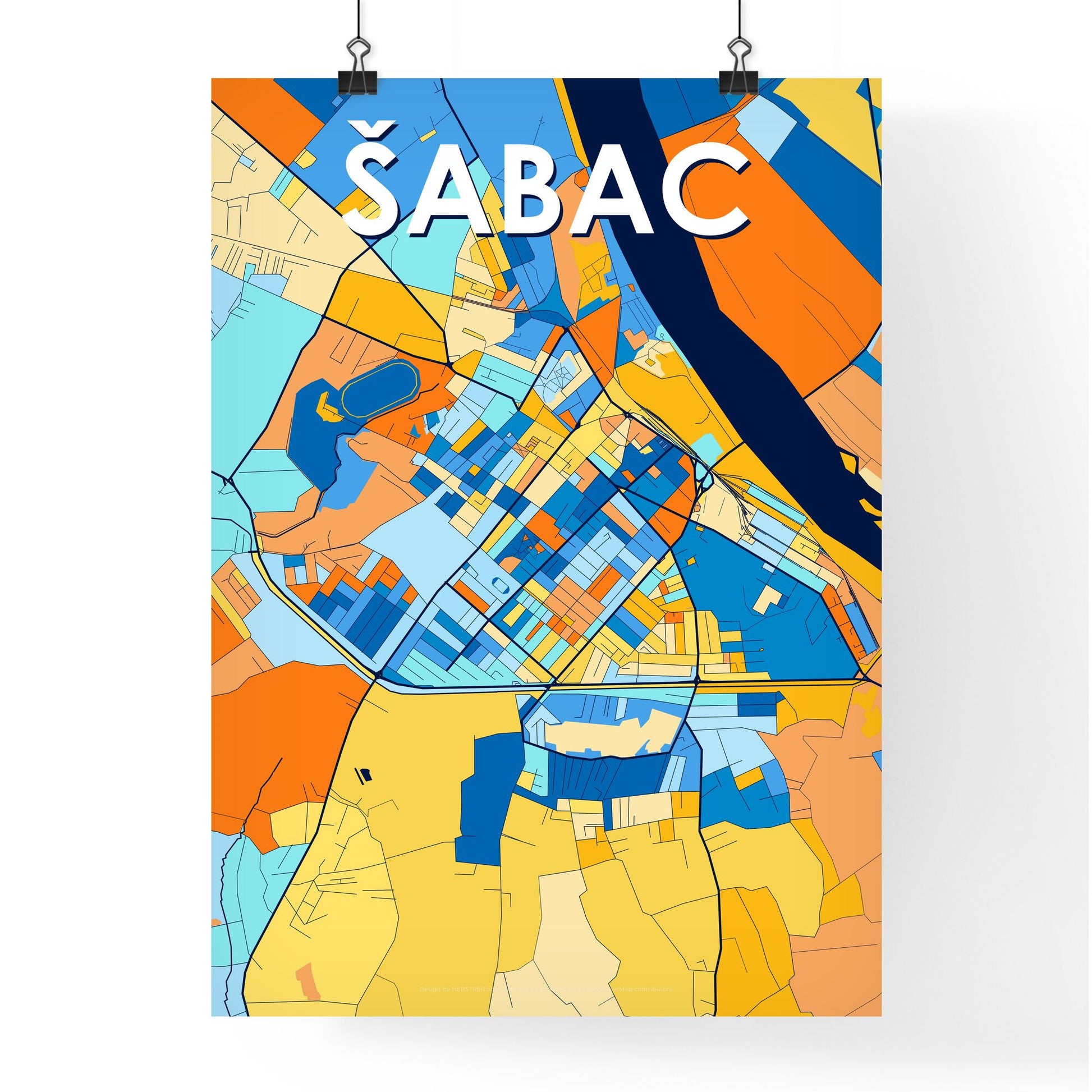 ŠABAC SERBIA Vibrant Colorful Art Map Poster Blue Orange