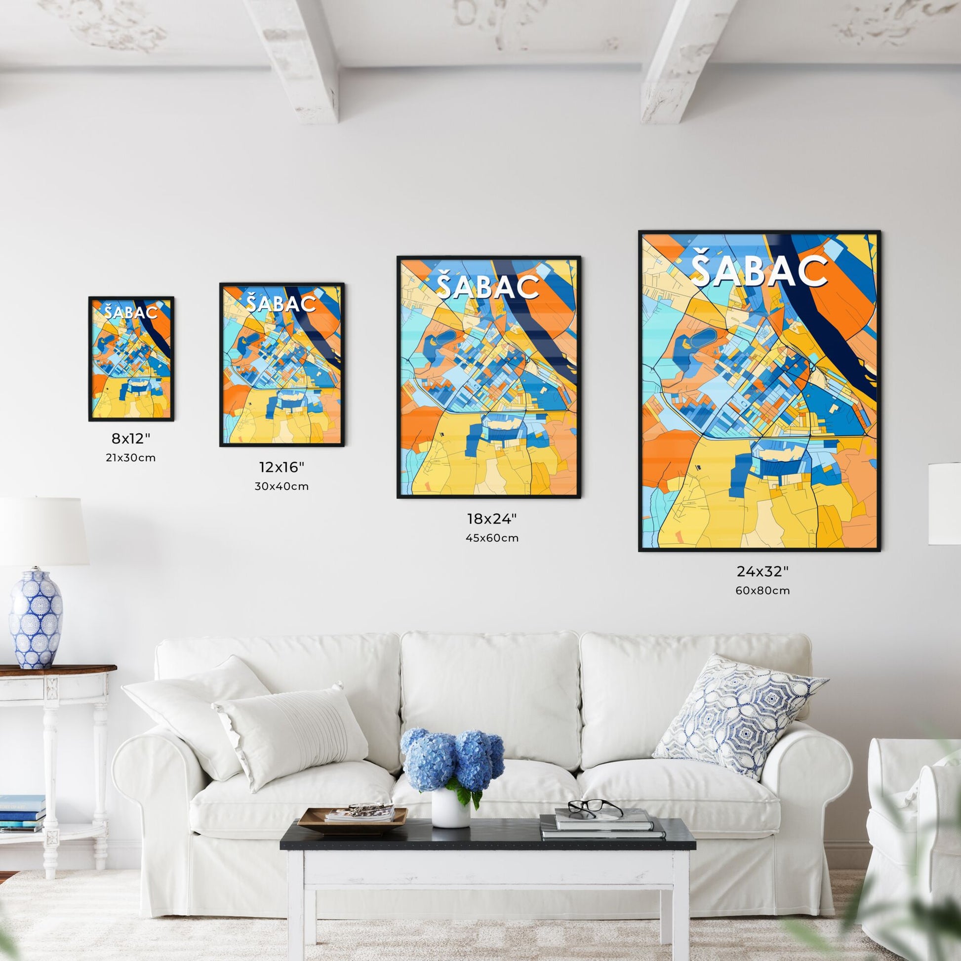 ŠABAC SERBIA Vibrant Colorful Art Map Poster Blue Orange