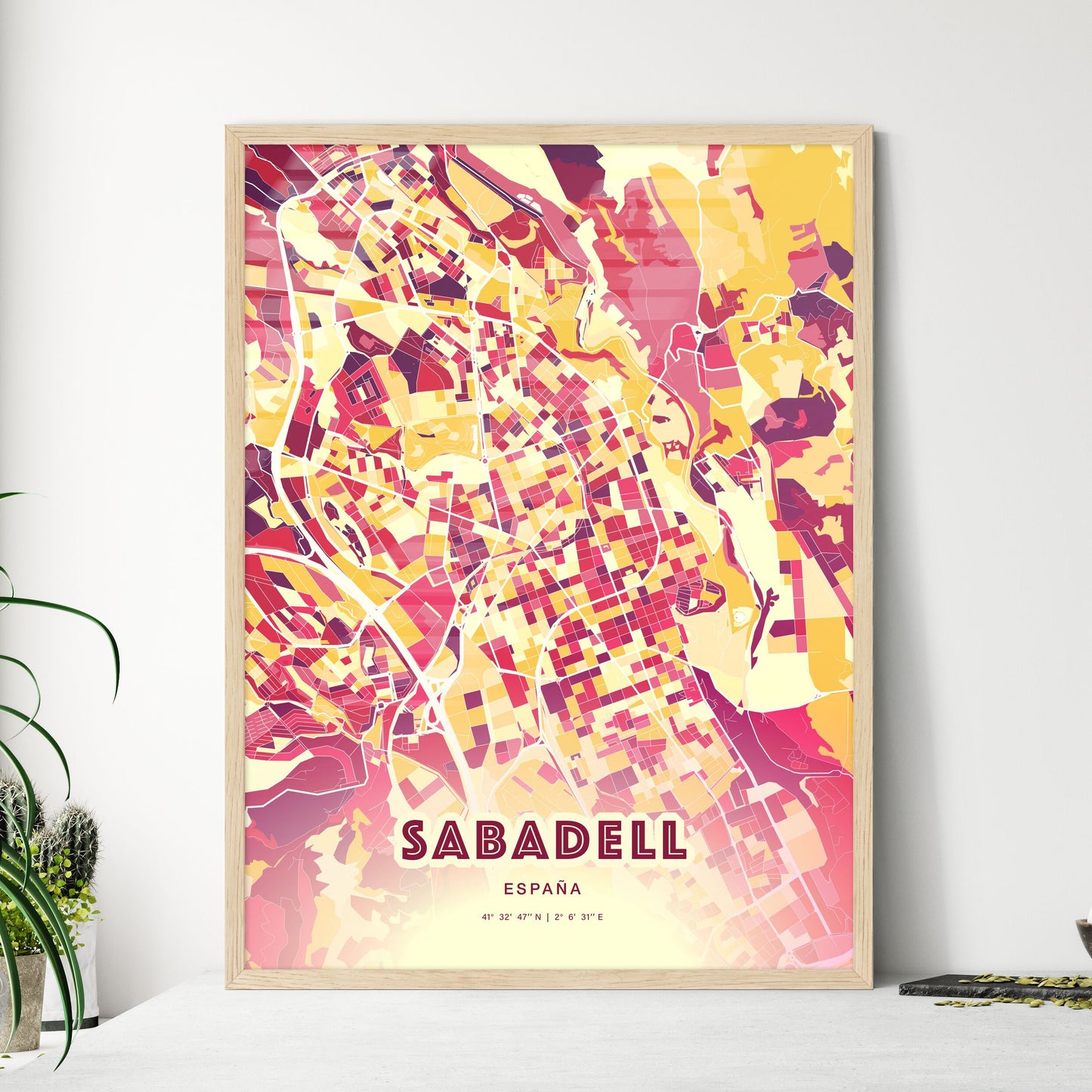 Colorful Sabadell Spain Fine Art Map Hot Red