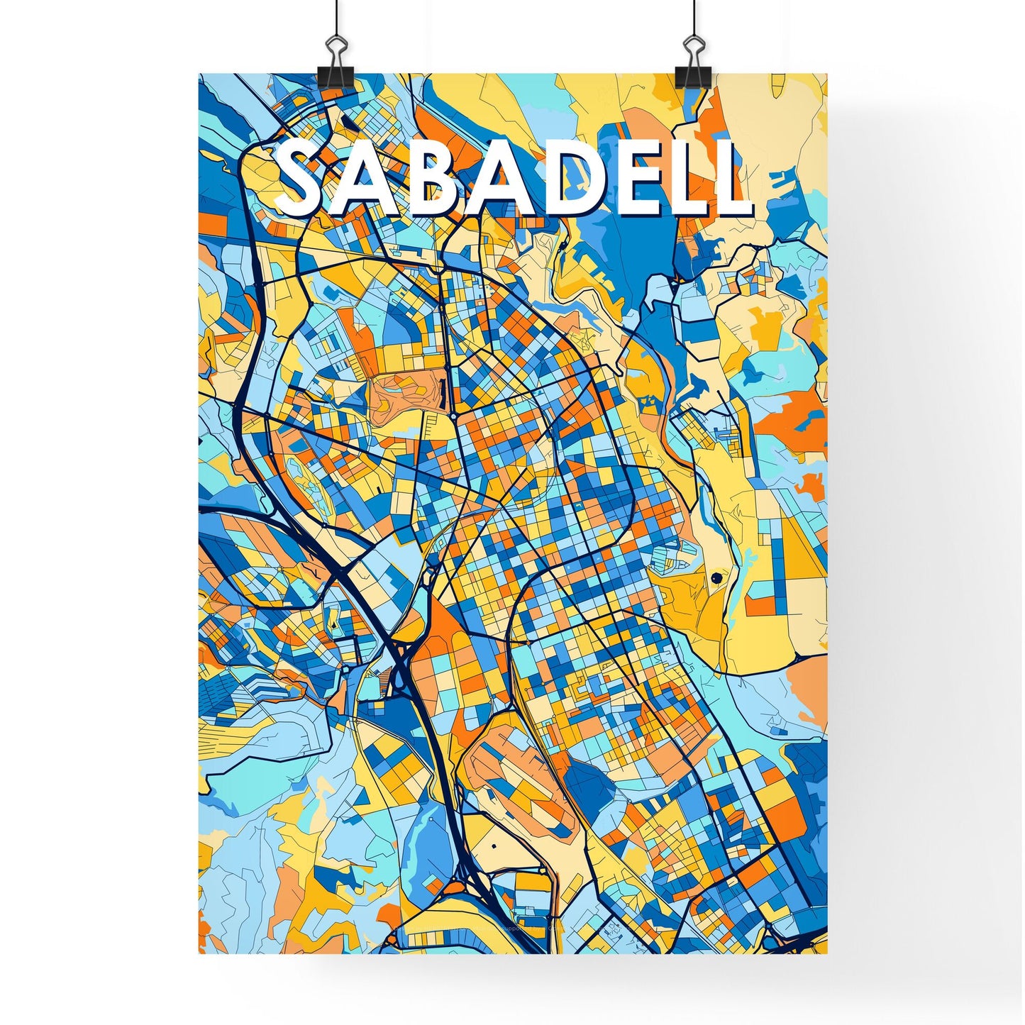 SABADELL SPAIN Vibrant Colorful Art Map Poster Blue Orange