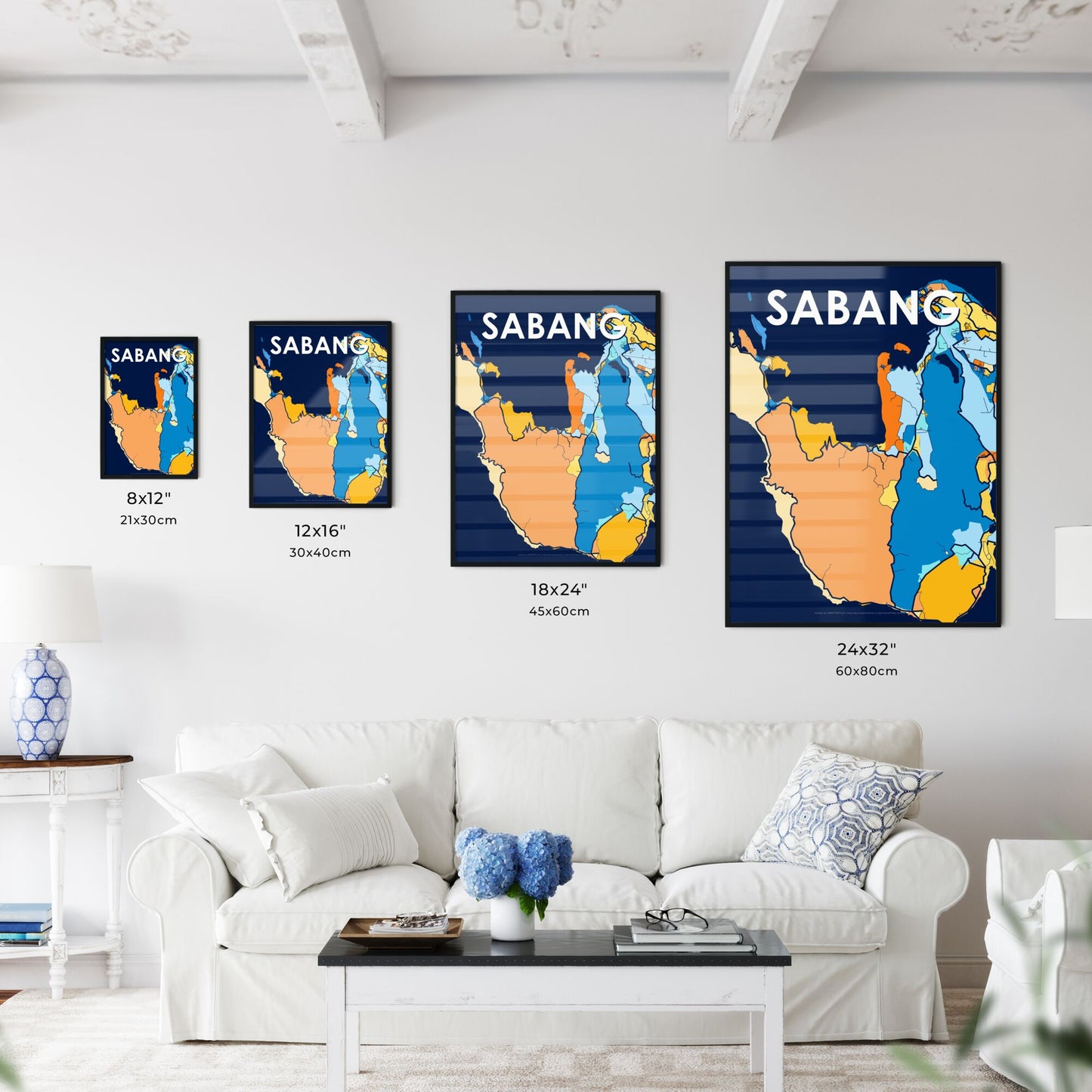 SABANG INDONESIA Vibrant Colorful Art Map Poster Blue Orange