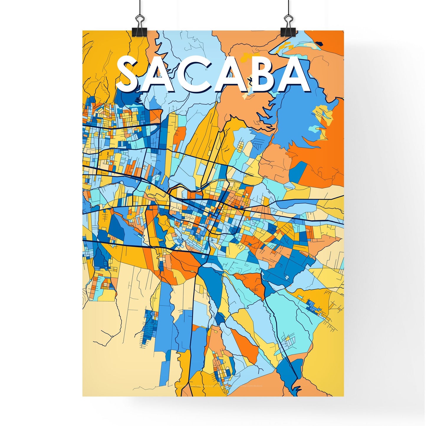 SACABA BOLIVIA Vibrant Colorful Art Map Poster Blue Orange