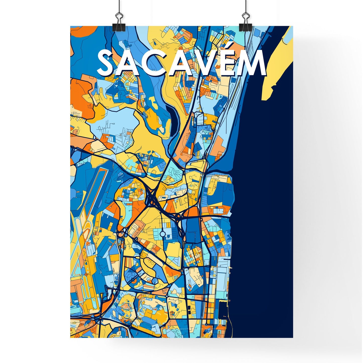 SACAVÉM PORTUGAL Vibrant Colorful Art Map Poster Blue Orange