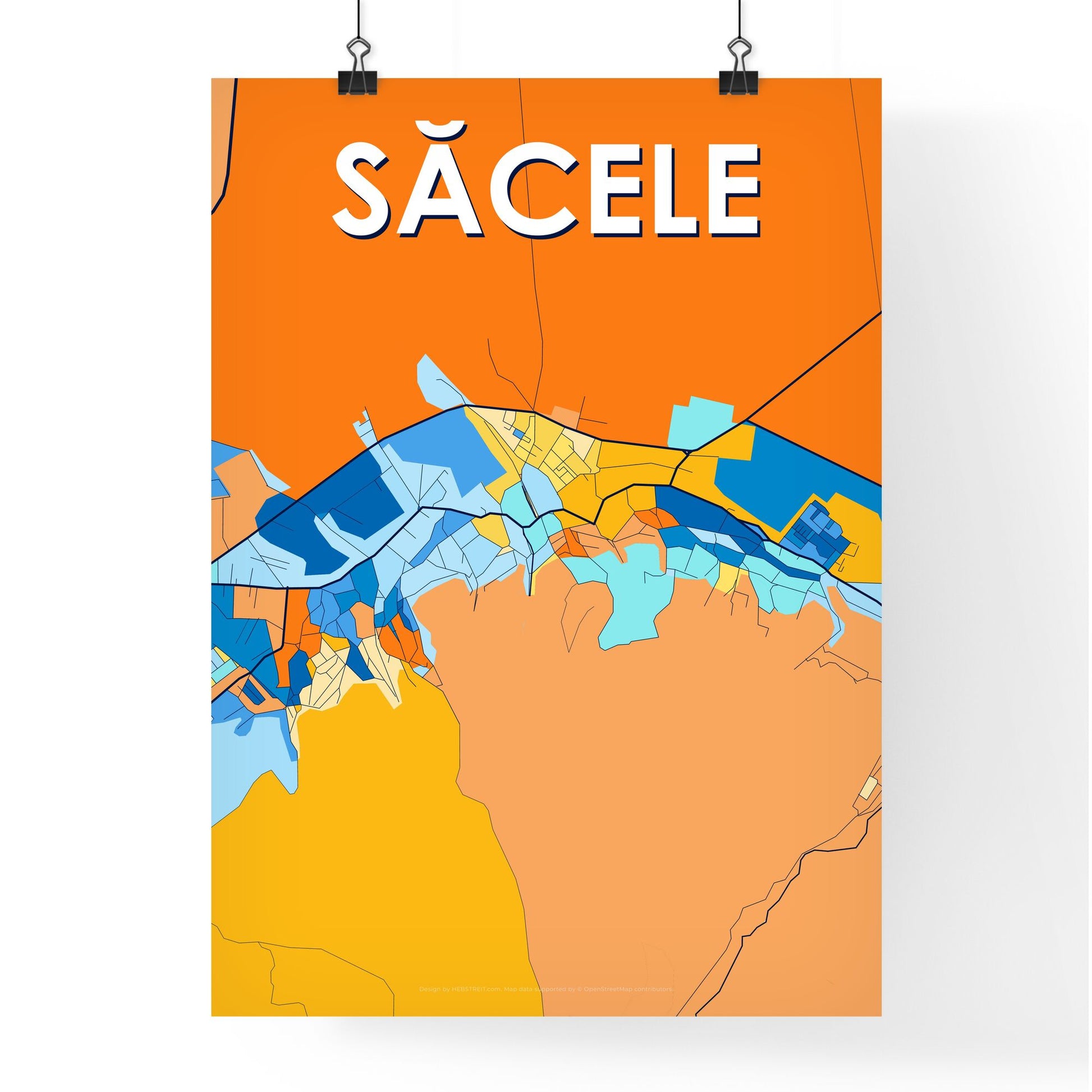 SĂCELE ROMANIA Vibrant Colorful Art Map Poster Blue Orange