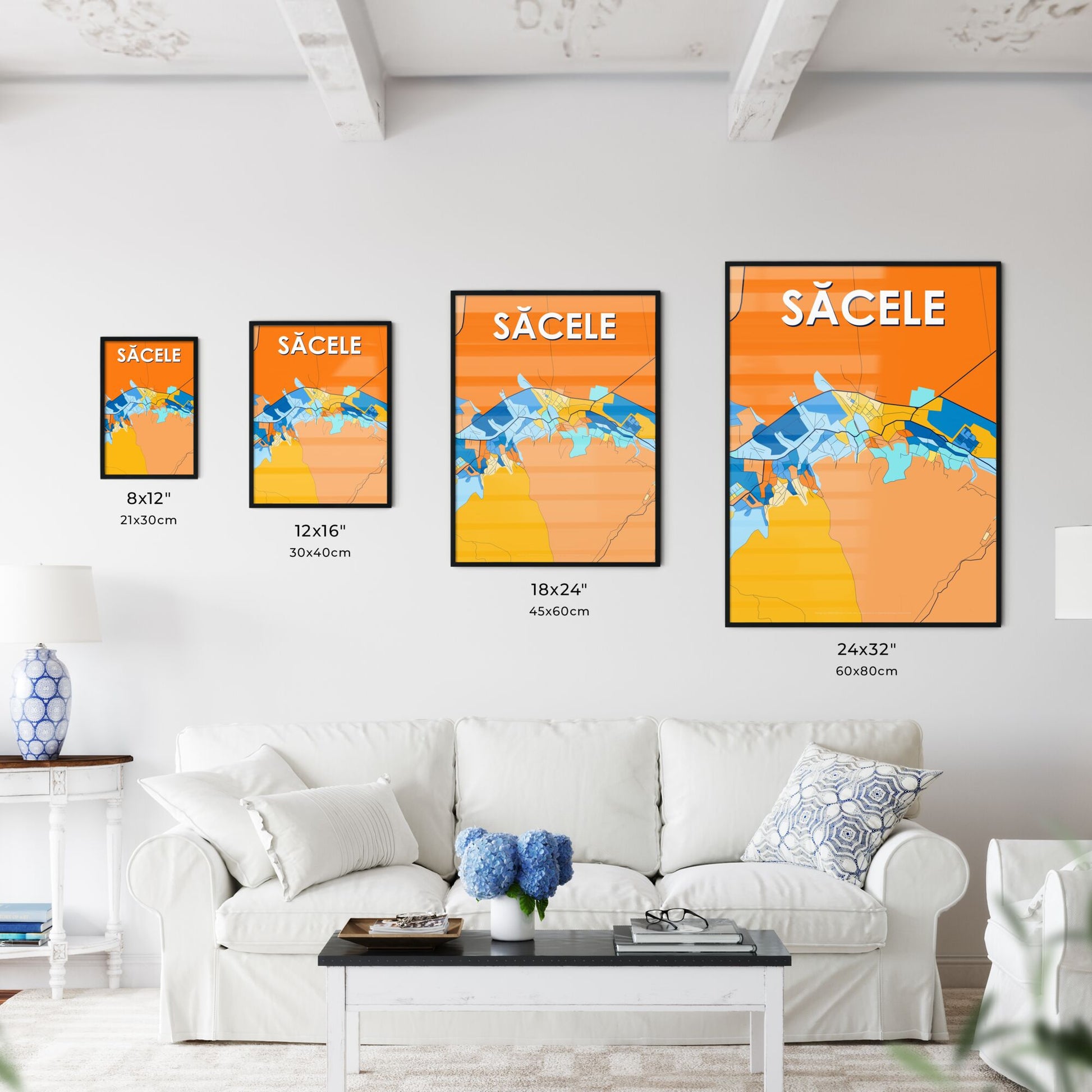 SĂCELE ROMANIA Vibrant Colorful Art Map Poster Blue Orange